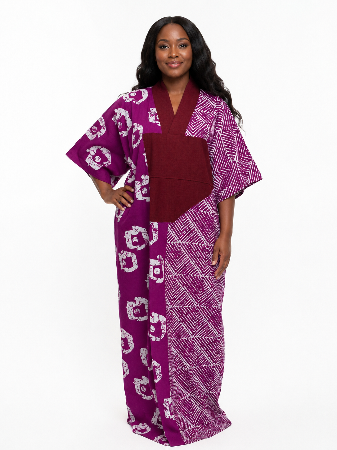 Magenta Ankara Kaftan Dress with Aso Oke Neckline