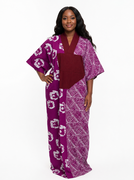 Magenta Ankara Kaftan Dress with Aso Oke Neckline