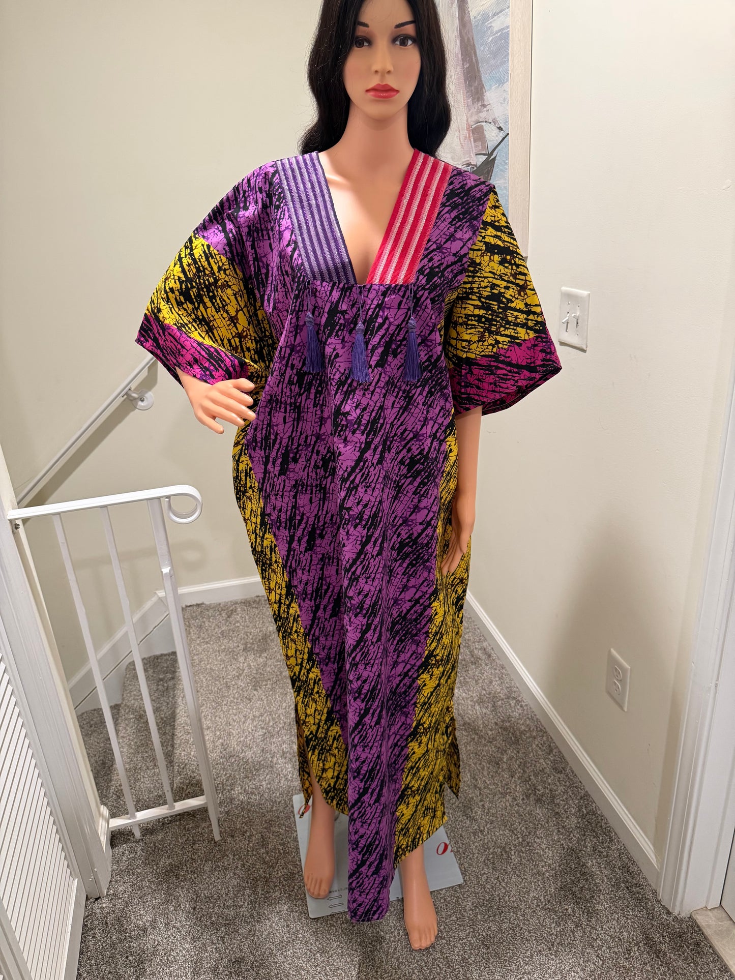 Aso-Oke Trim Ankara Kaftan + Matching Head Scarf