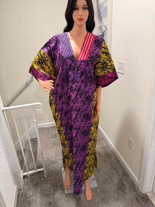 Aso-Oke Trim Ankara Kaftan + Matching Head Scarf