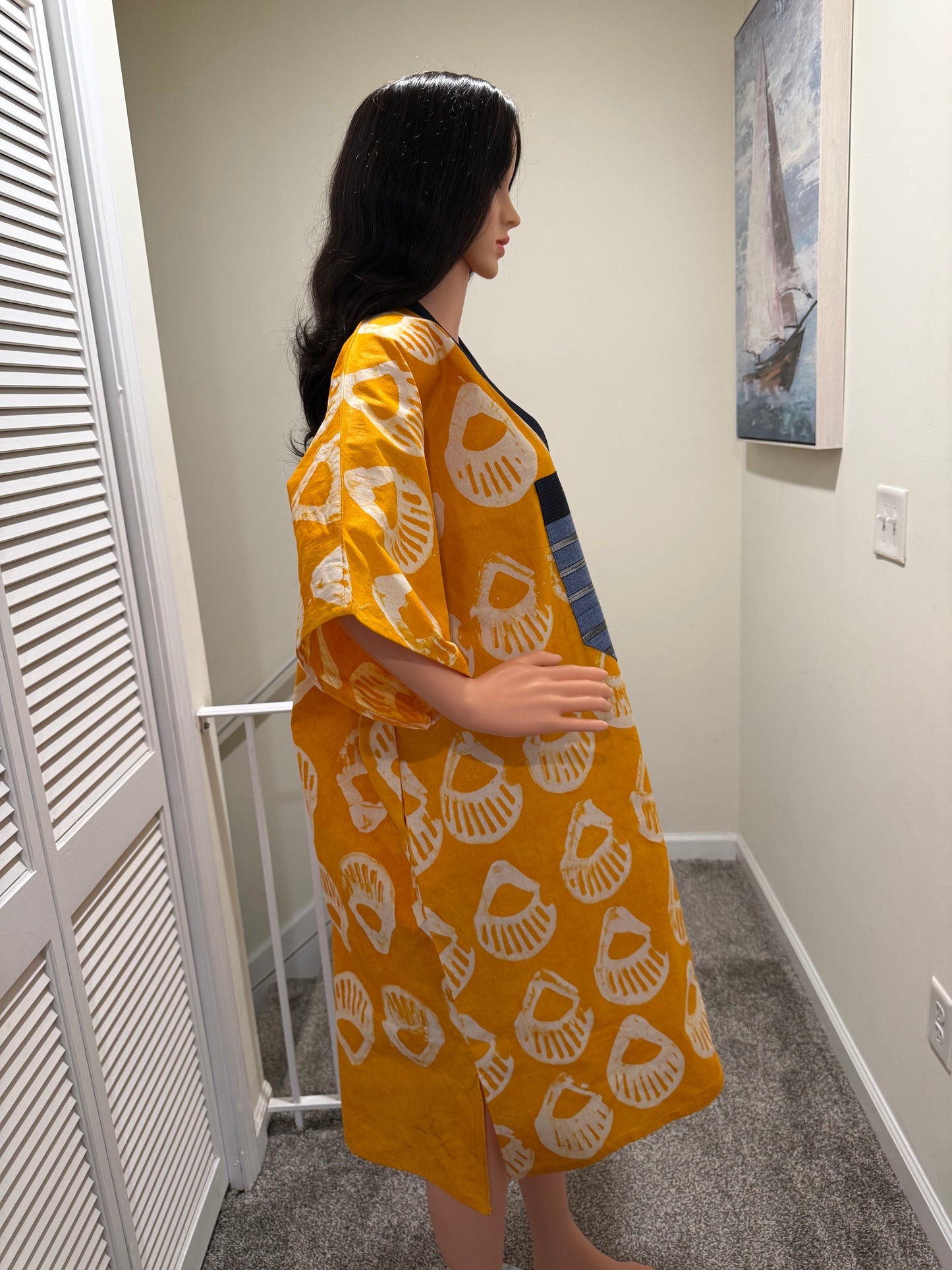 Sunset Adire Kaftan Dress with Aso Oke Detail