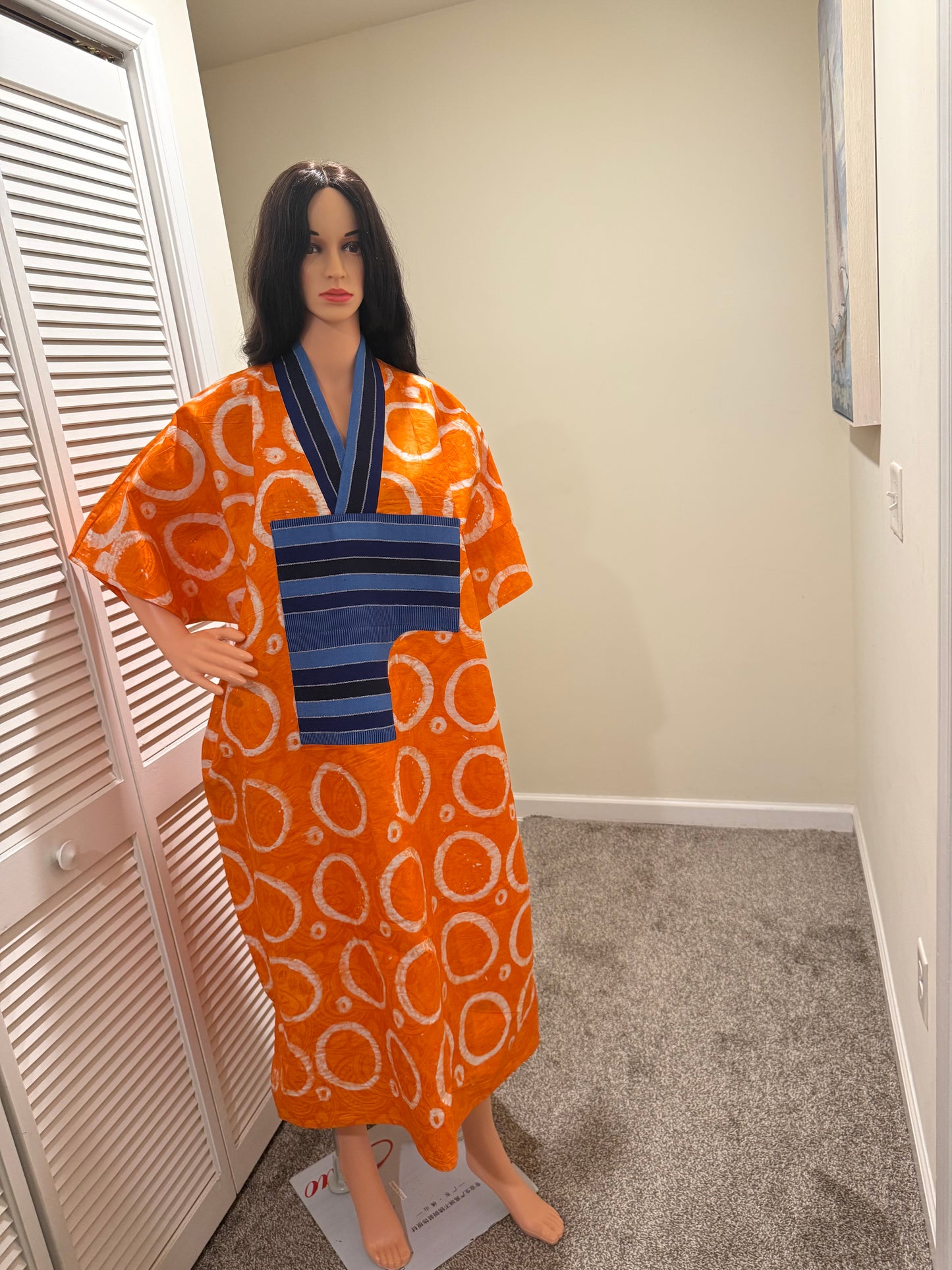 Orange Adire Bubu Dress with Aso Oke Detail