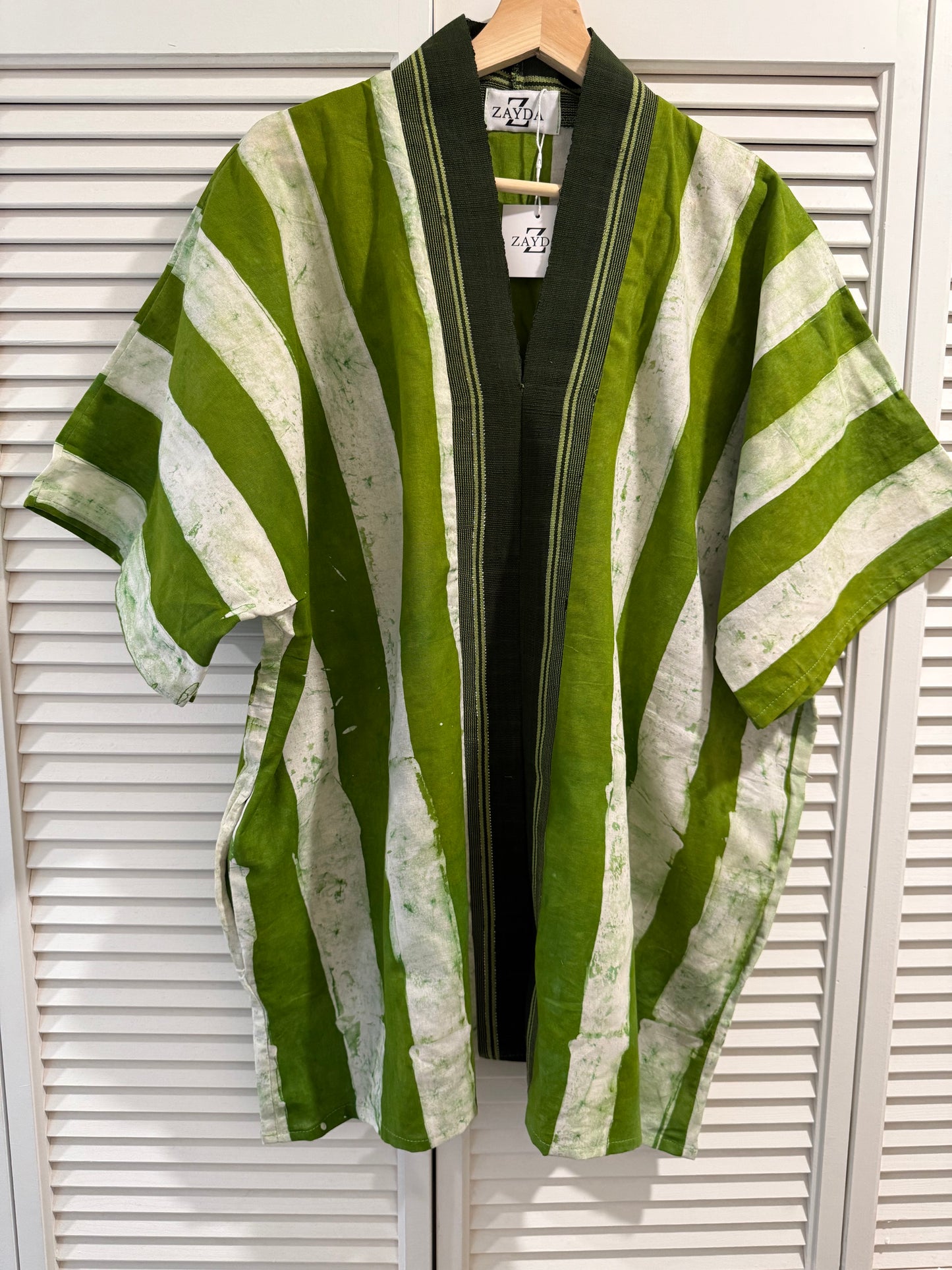 Green Striped Kimono Mini Dress – Hand Dyed Adire & Aso Oke