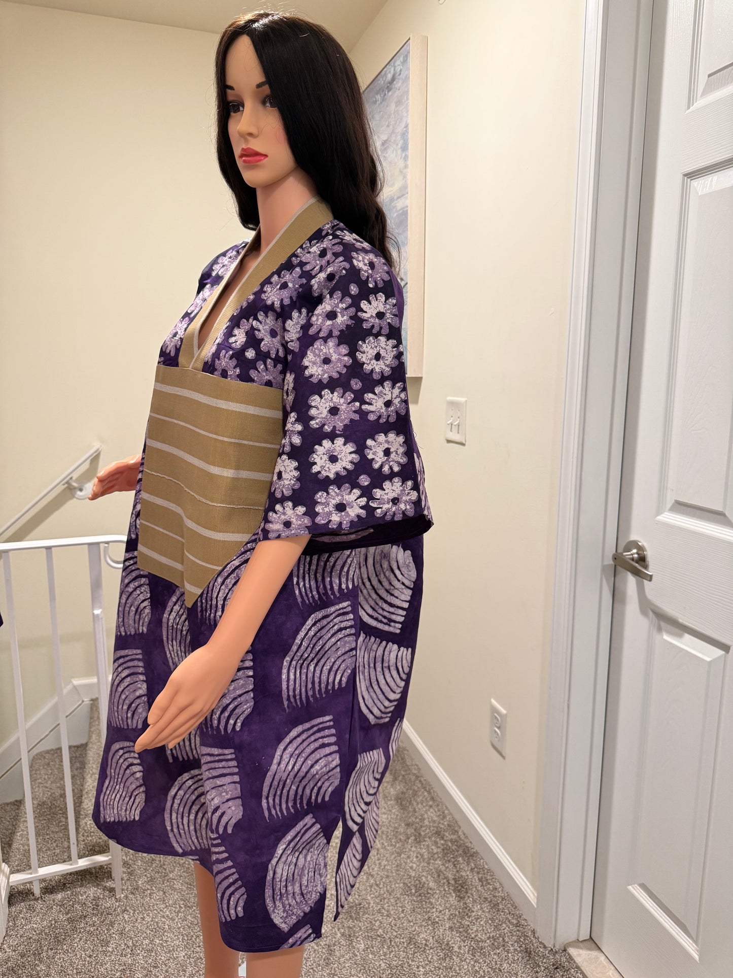 Purple Adire Midi Dress with Aso Oke Detail