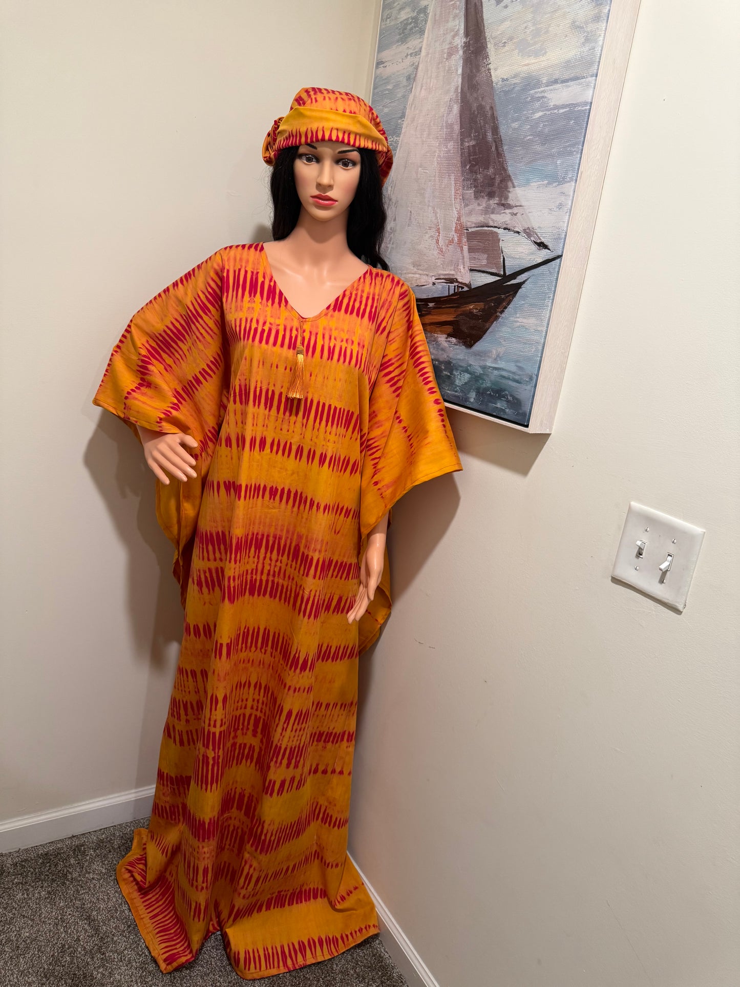 Sunset Adire Kaftan Set — Golden Flame | One Size Up To 2X