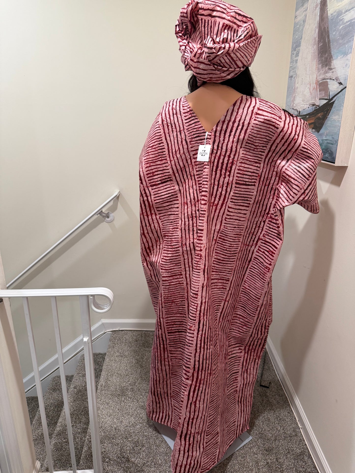 Rich Aunty Adire Polish Bubu – V-Neck Front & Back | Free Size with Headscarf