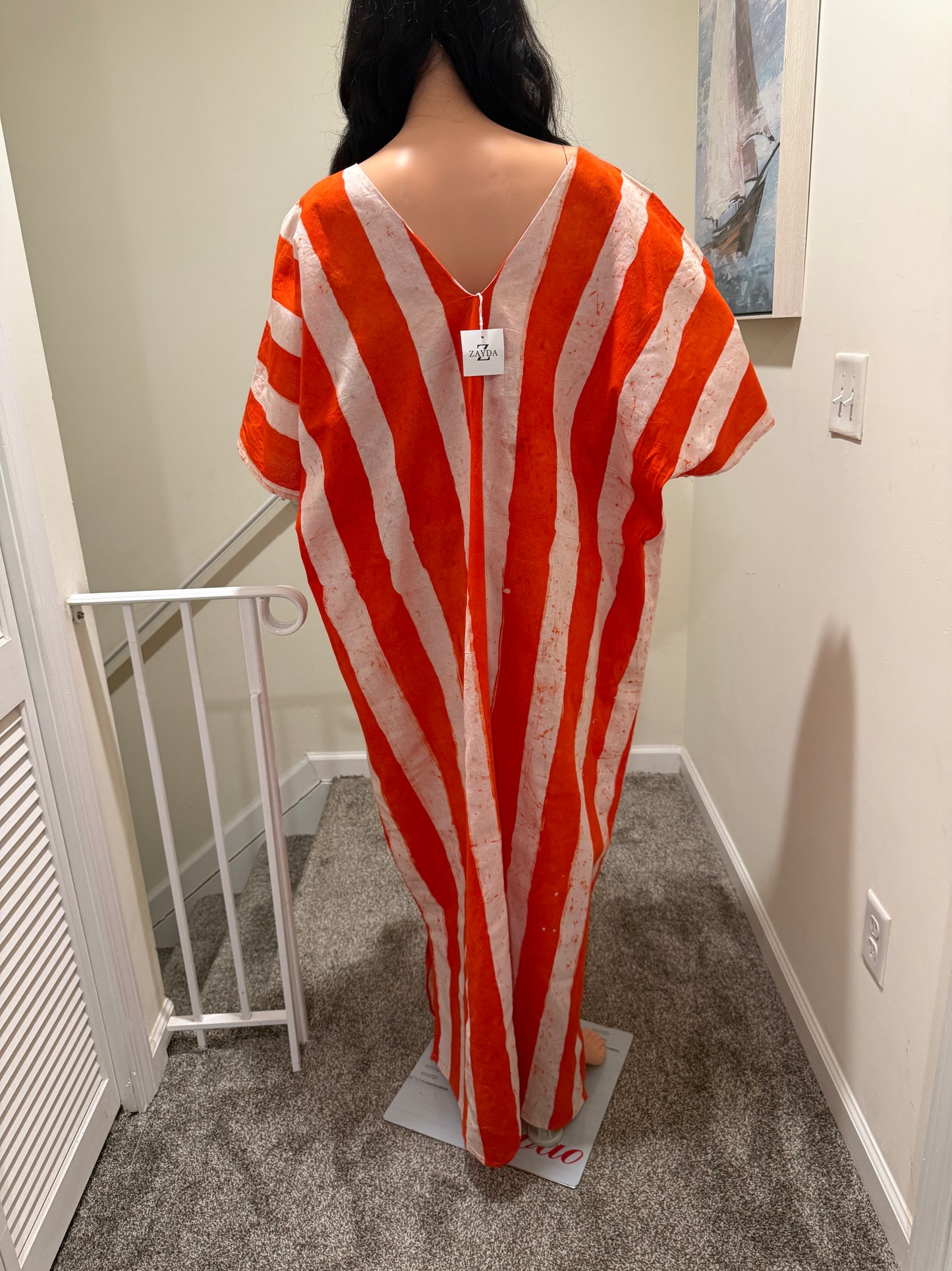 Striped Adire Kaftan – V-Neck Front & Back – Fits M to 4X