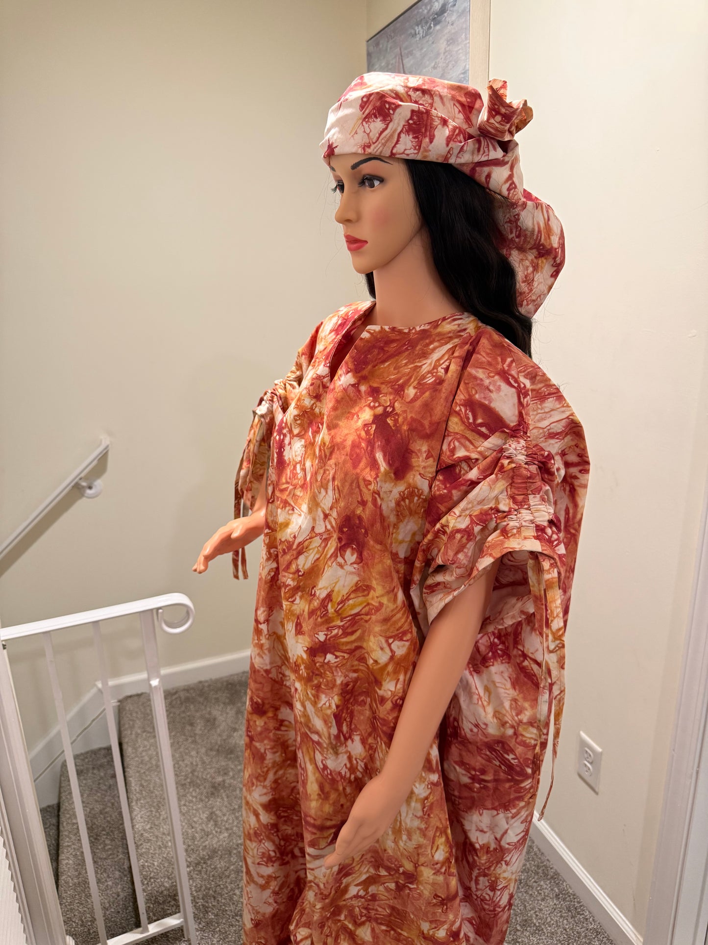 Burnt Orange Adire Kaftan Dress with Headscarf
