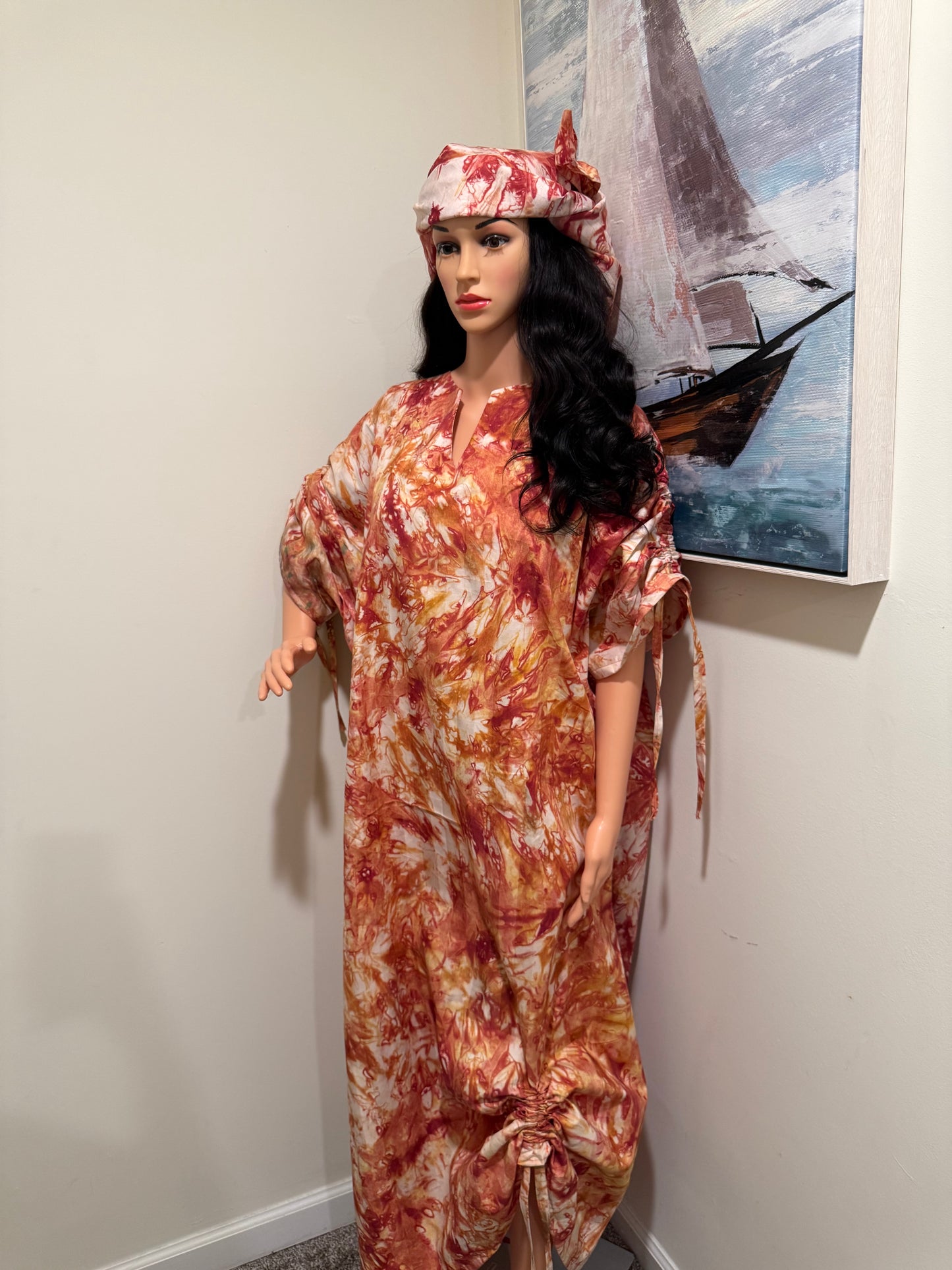 Burnt Orange Adire Kaftan Dress with Headscarf