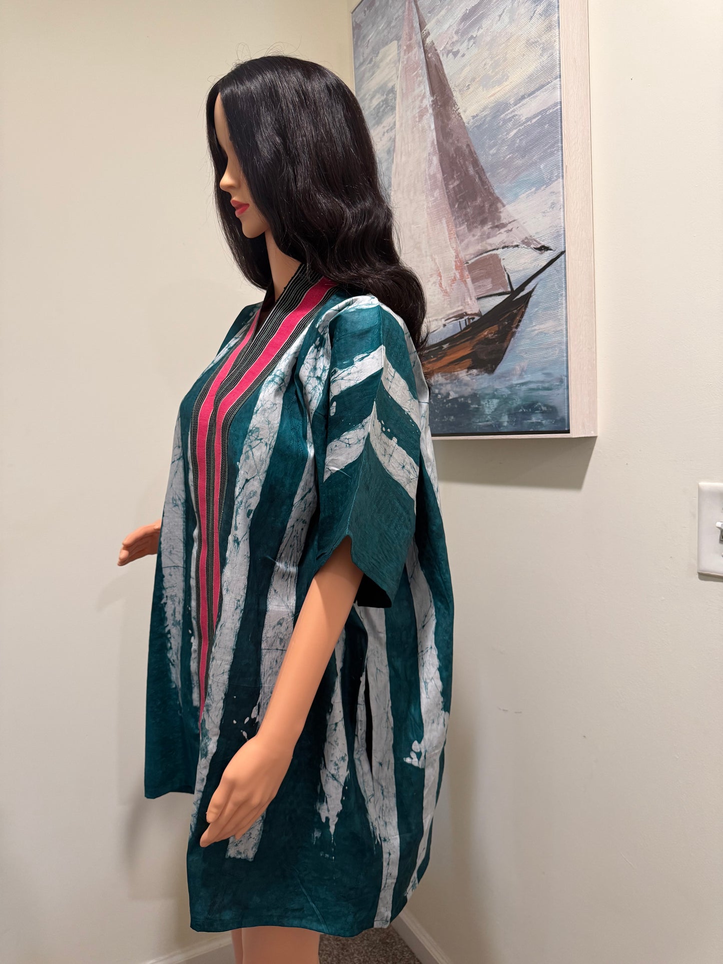 Adire Kaftan Mini Dress – Teal & Pink