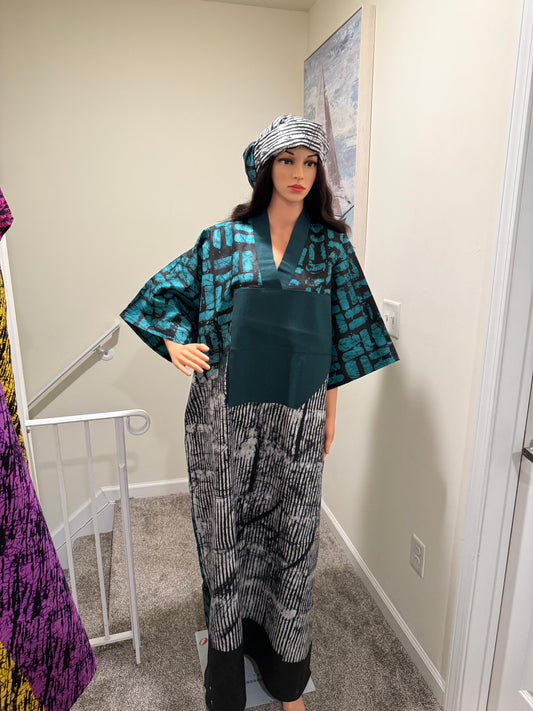 Teal & Black Adire Kaftan With Aso-Oke Neckline + Matching Headscarf