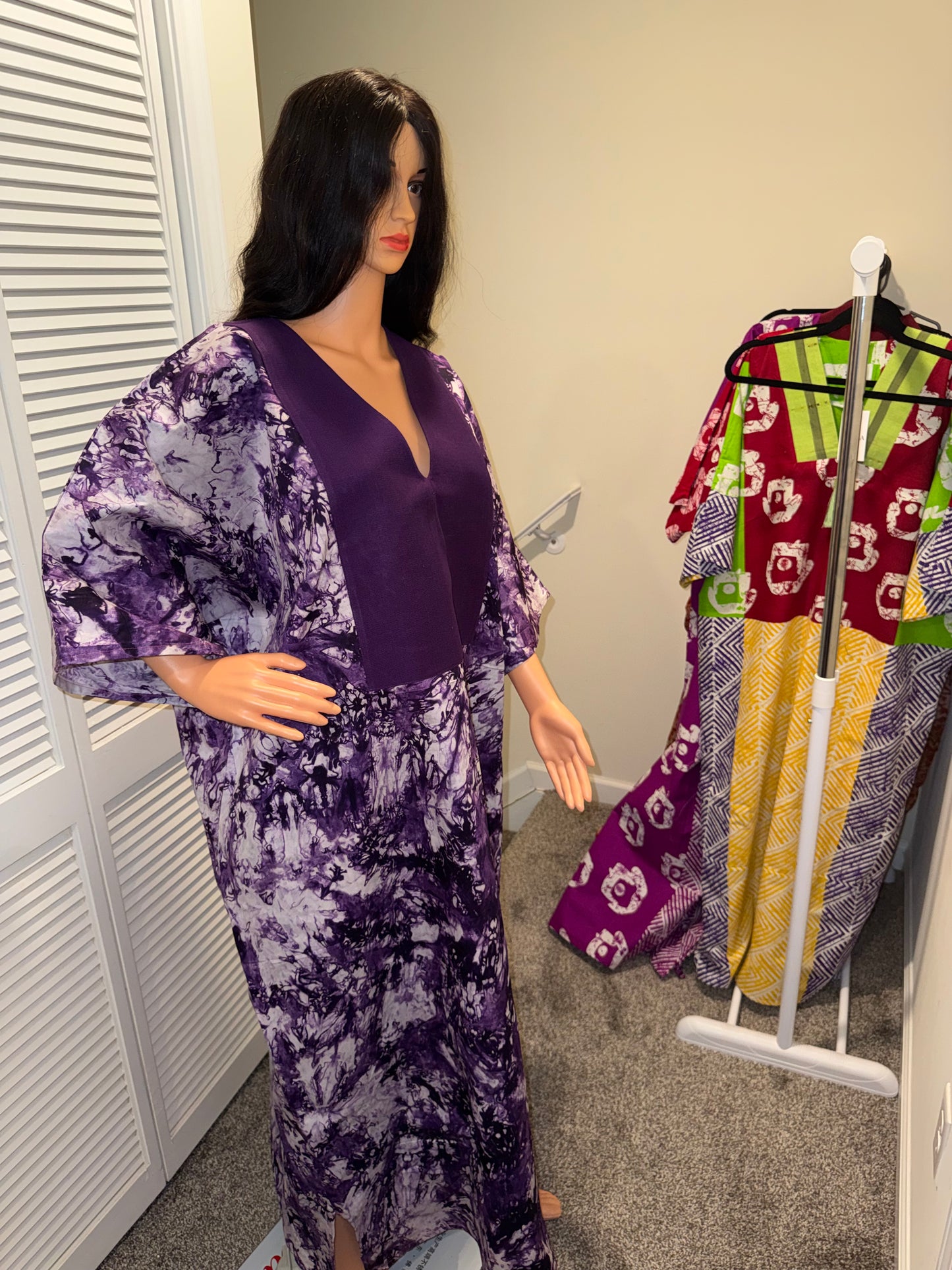 Purple Adire Kaftan with Asooke Neckline