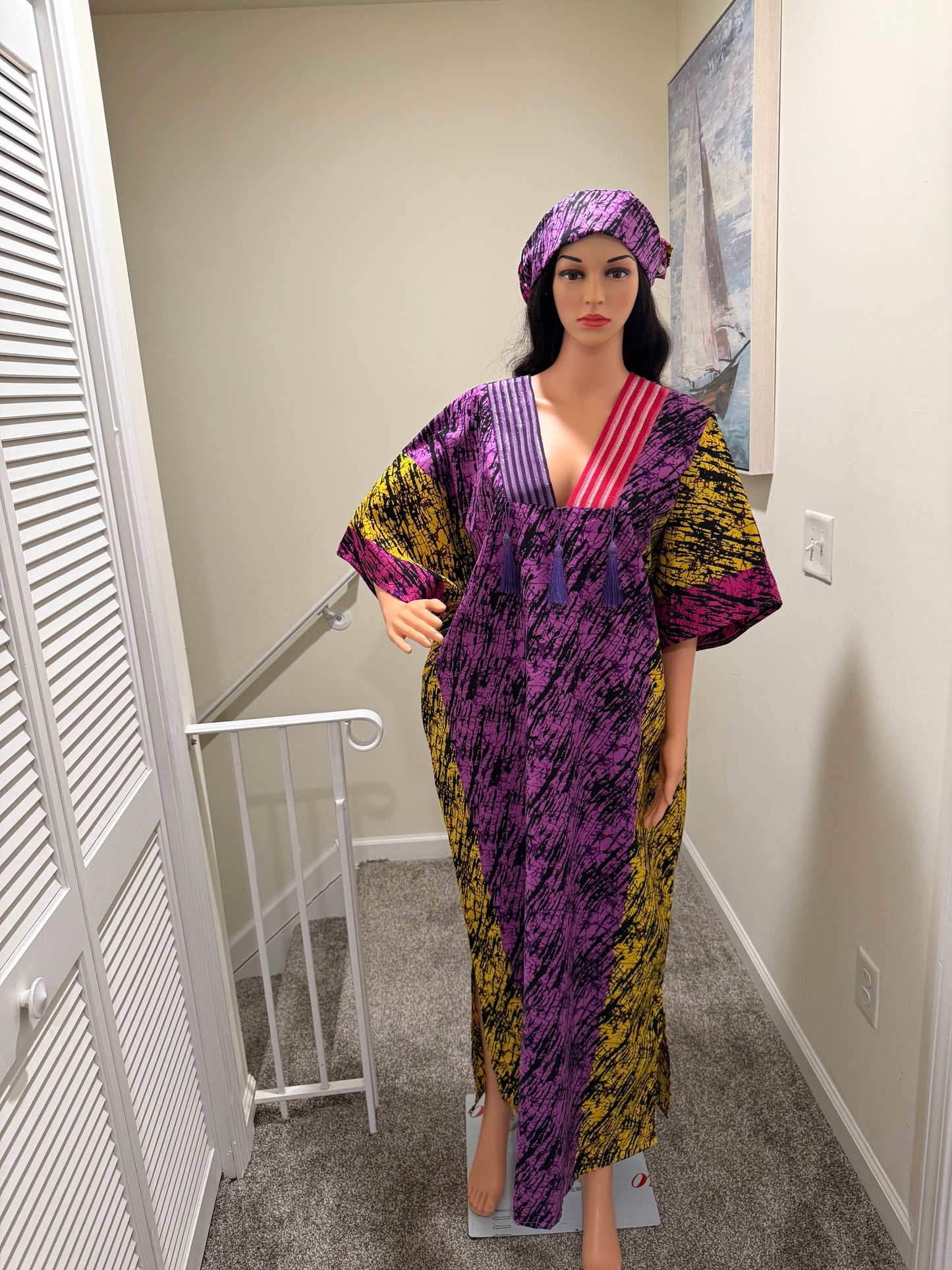 Aso-Oke Trim Ankara Kaftan + Matching Head Scarf
