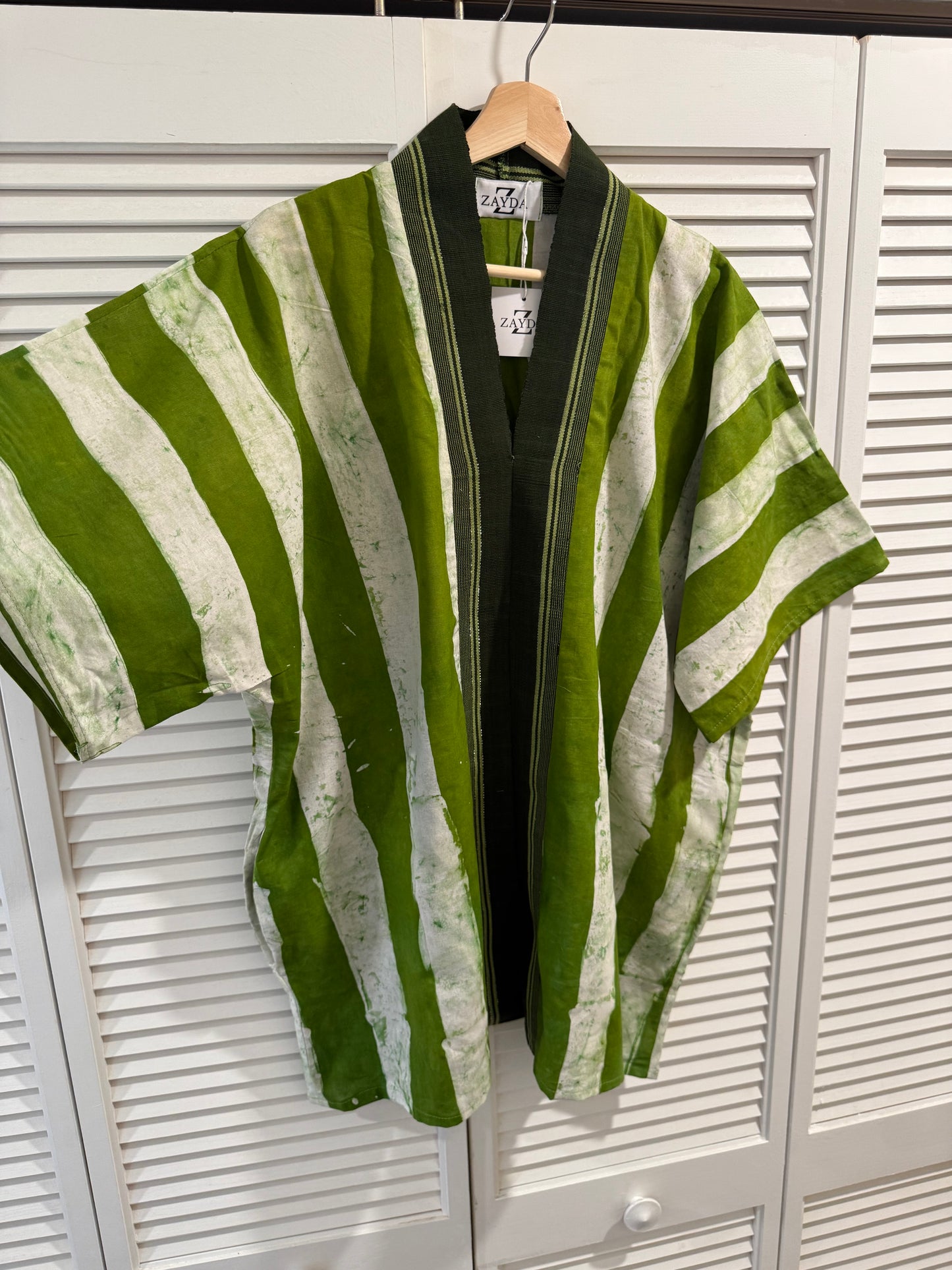 Green Striped Kimono Mini Dress – Hand Dyed Adire & Aso Oke