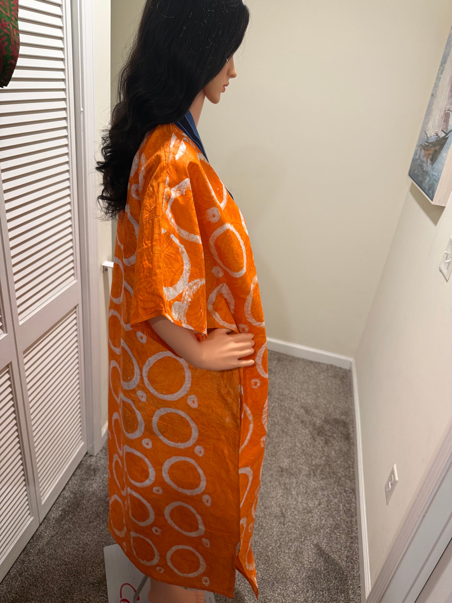 Orange Adire Bubu Dress with Aso Oke Detail