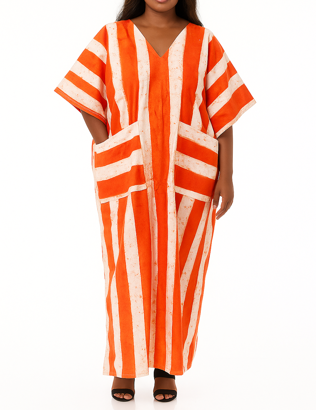 Striped Adire Kaftan – V-Neck Front & Back – Fits M to 4X