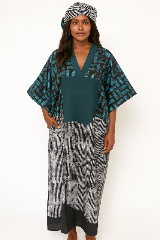 Teal & Black Adire Kaftan With Aso-Oke Neckline + Matching Headscarf