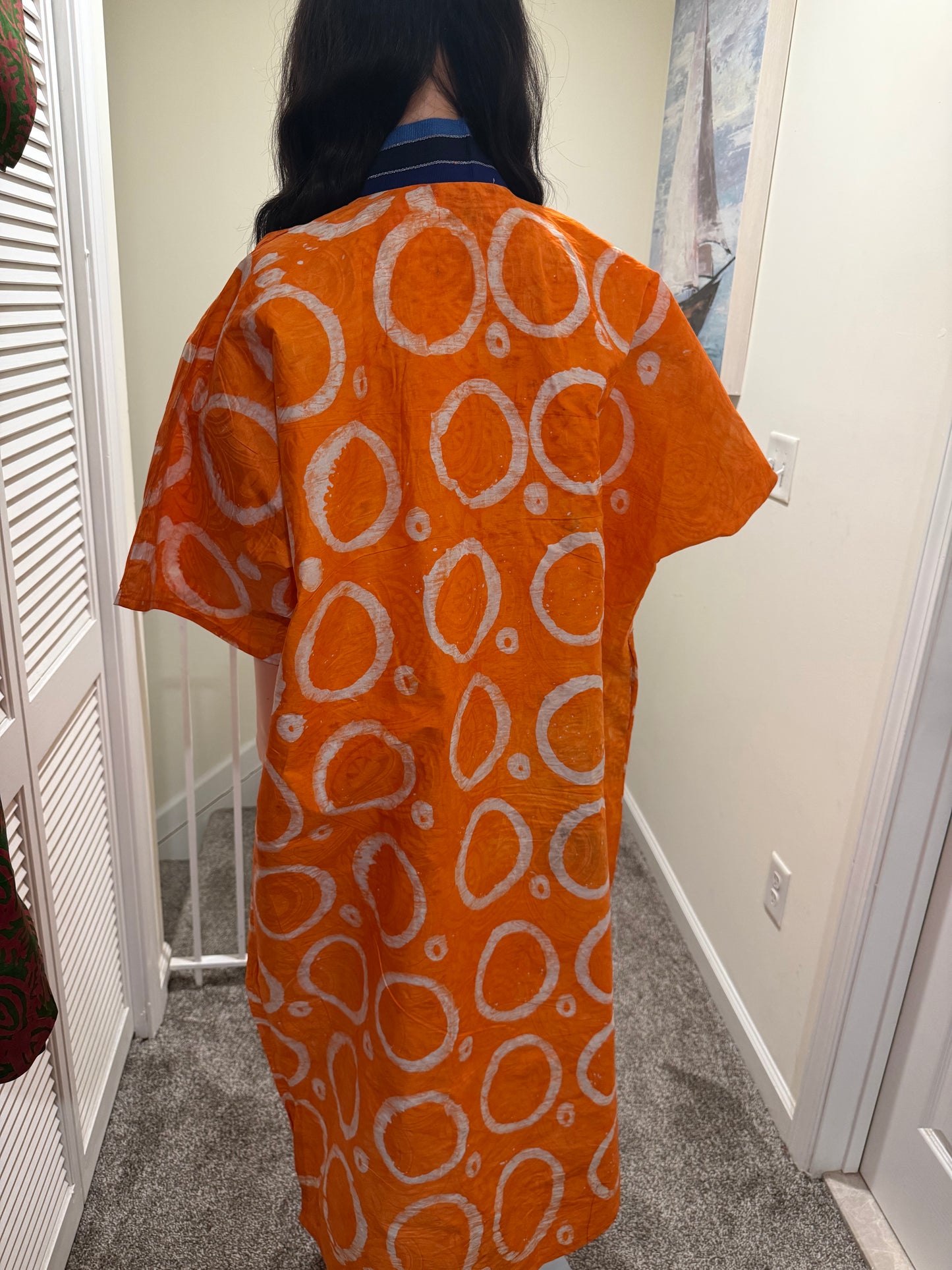Orange Adire Bubu Dress with Aso Oke Detail