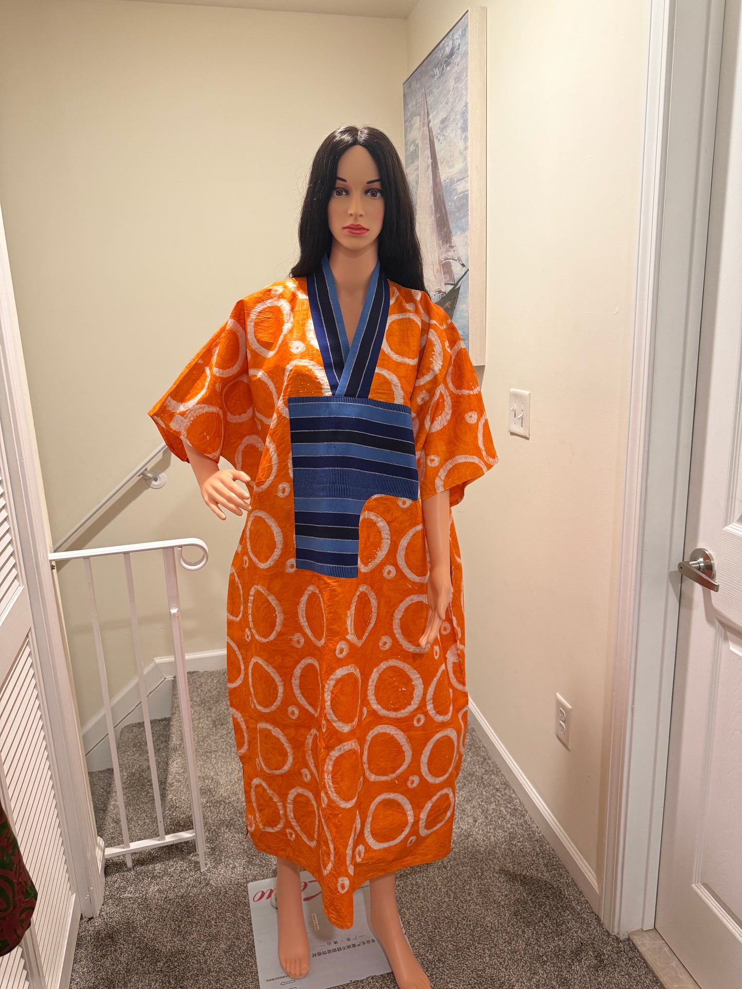Orange Adire Bubu Dress with Aso Oke Detail
