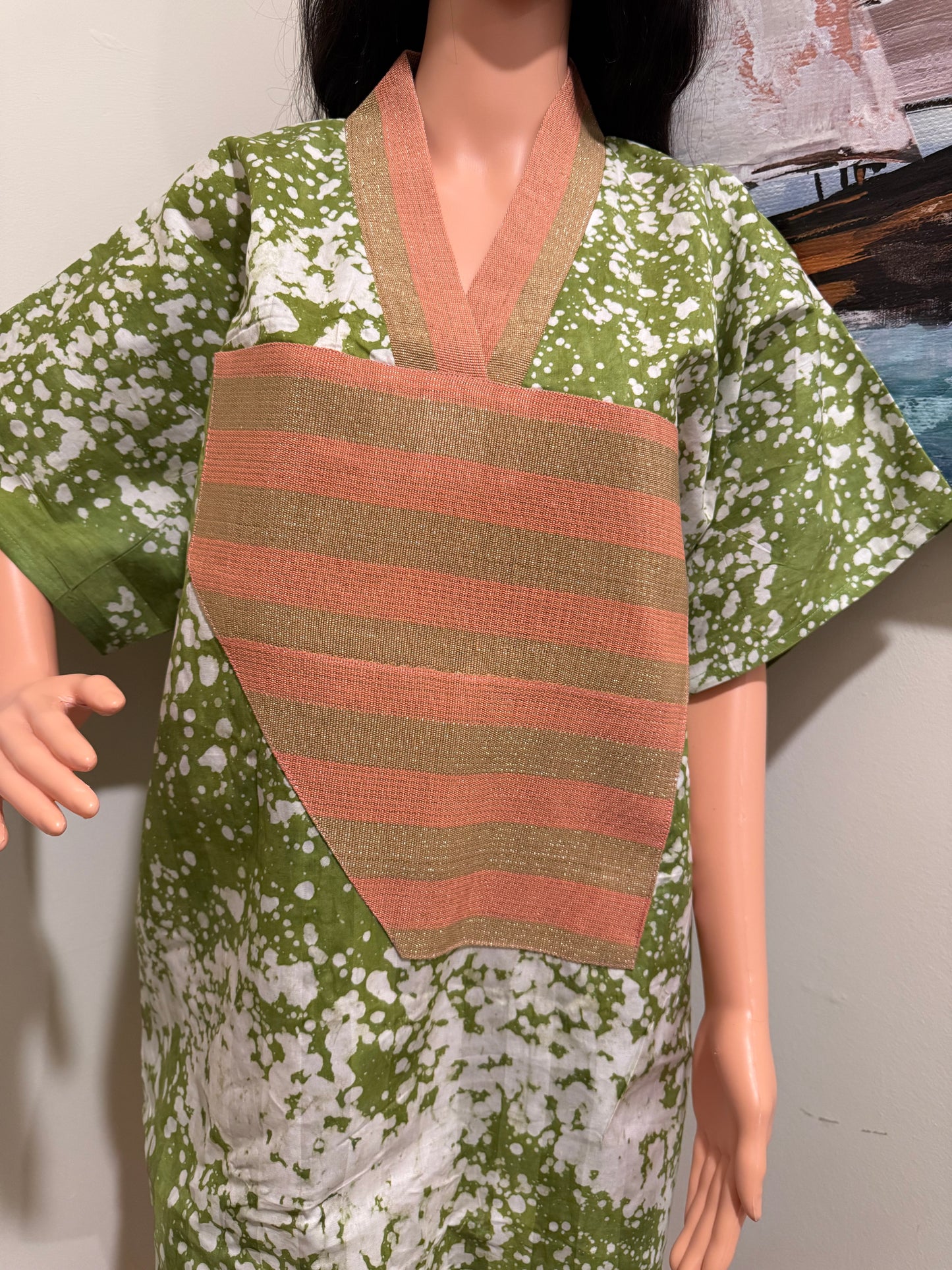 Green & White Adire Mini Kaftan with Àṣọ Òkè Neckline | Handmade African Dress | S–2X