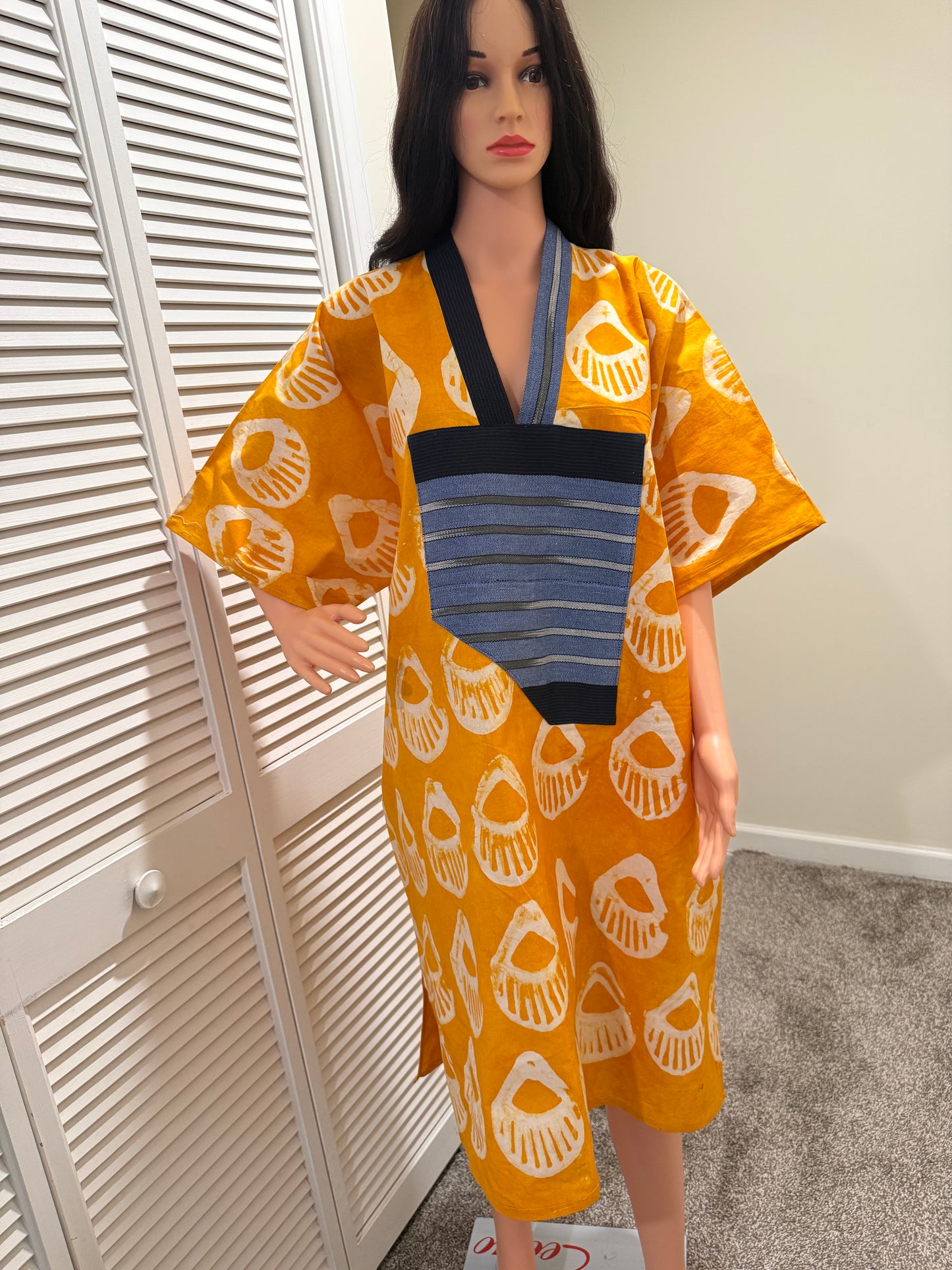 Sunset Adire Kaftan Dress with Aso Oke Detail