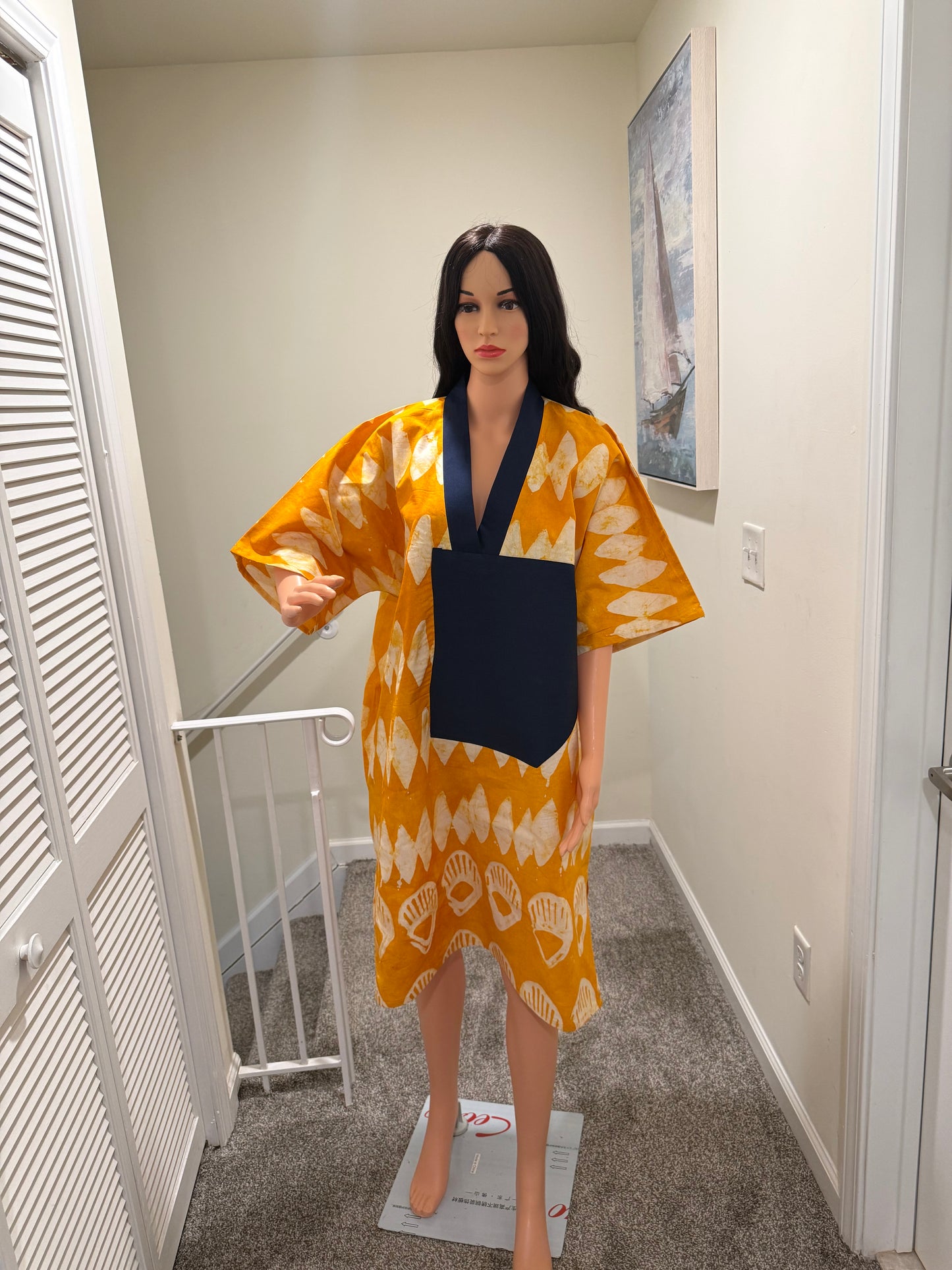 Mustard Adire Cotton Dress with Denim Neckline – 41” Length