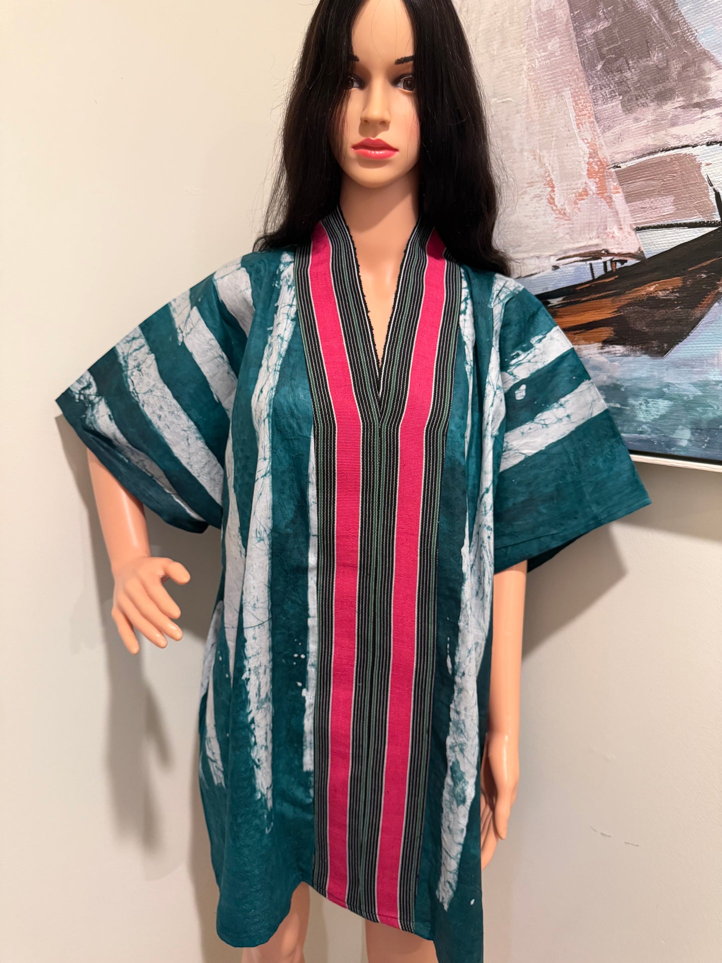 Adire Kaftan Mini Dress – Teal & Pink