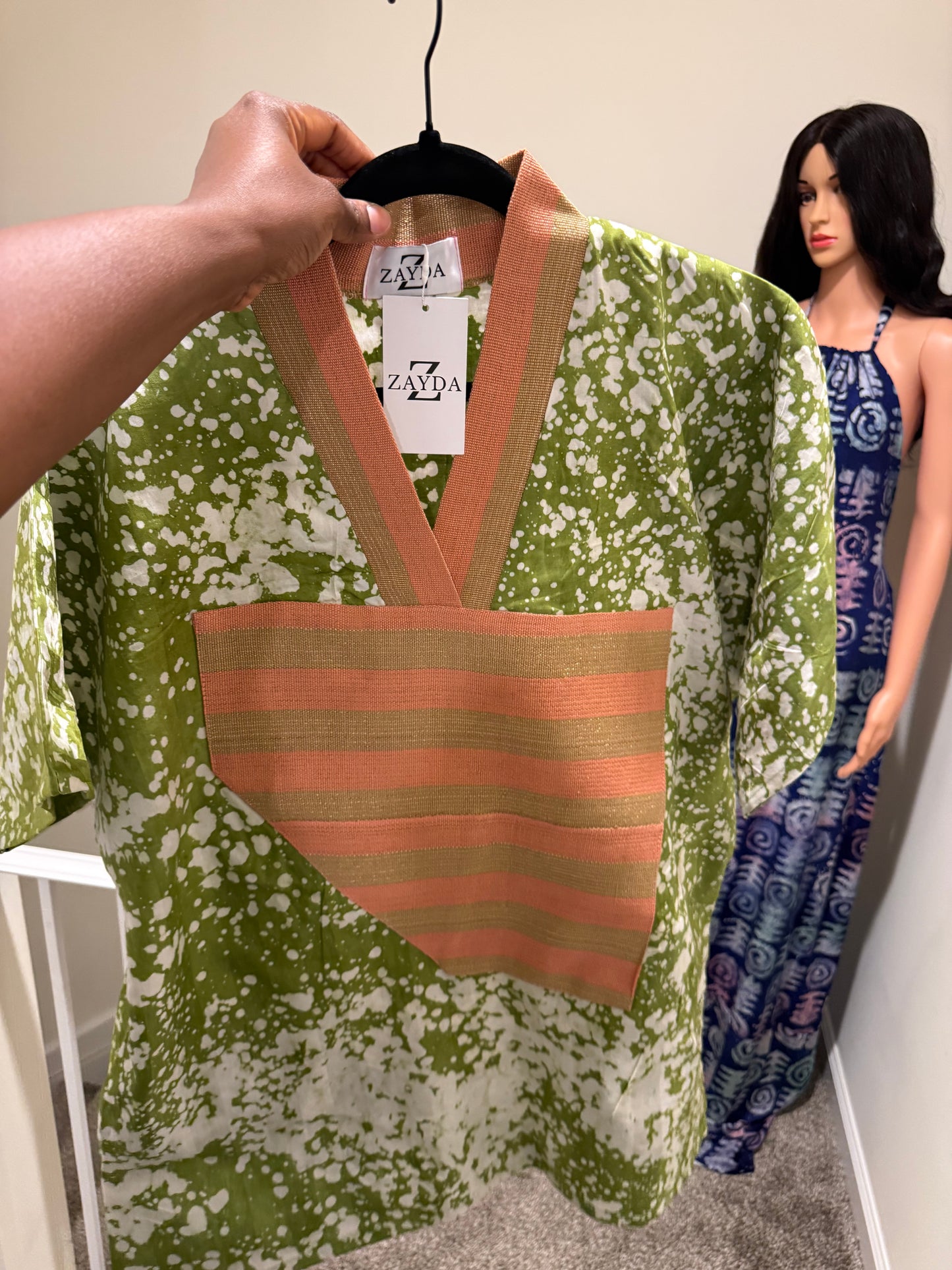 Green & White Adire Mini Kaftan with Àṣọ Òkè Neckline | Handmade African Dress | S–2X