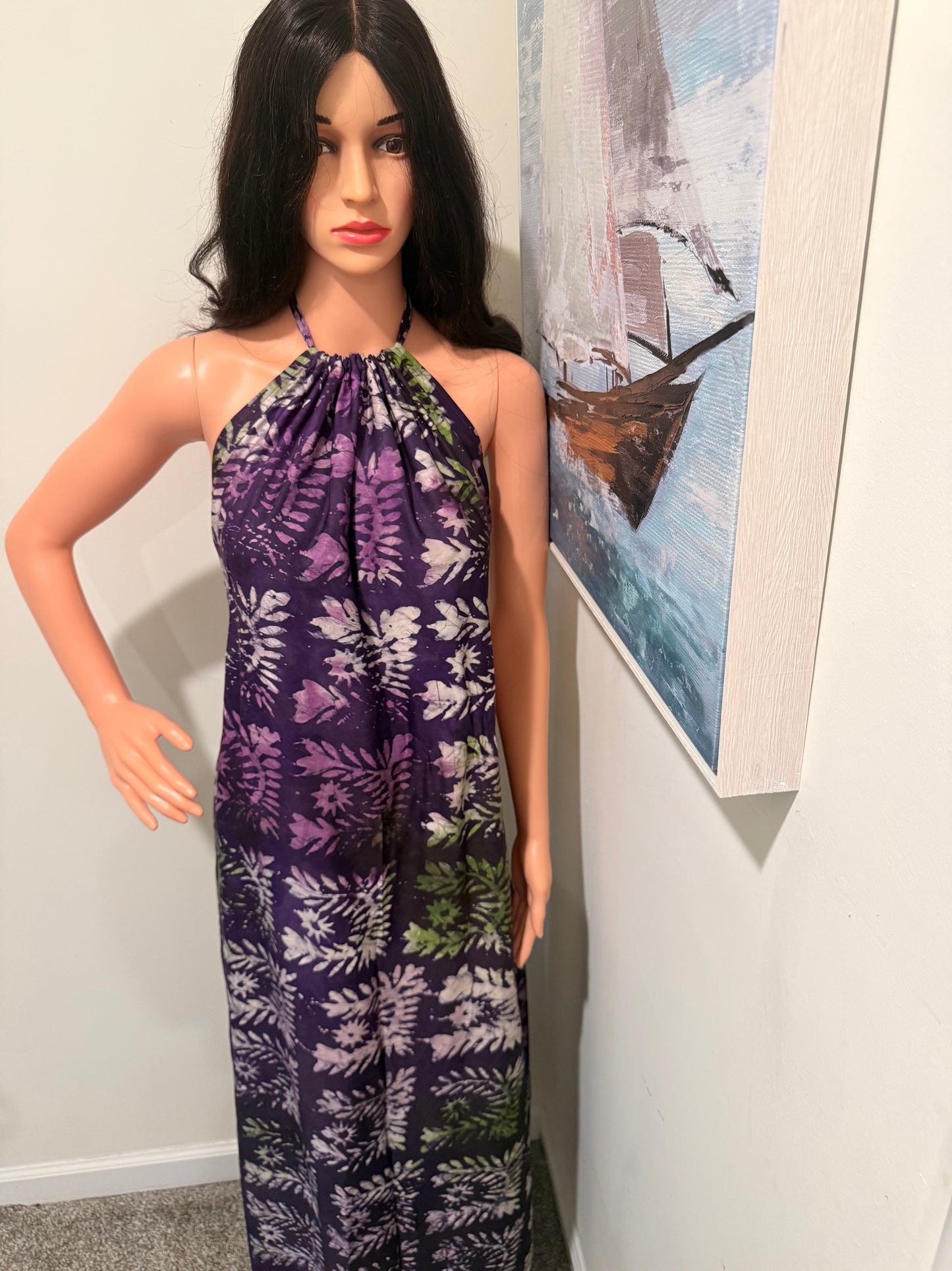 Purple Adire Halter Maxi Dress
