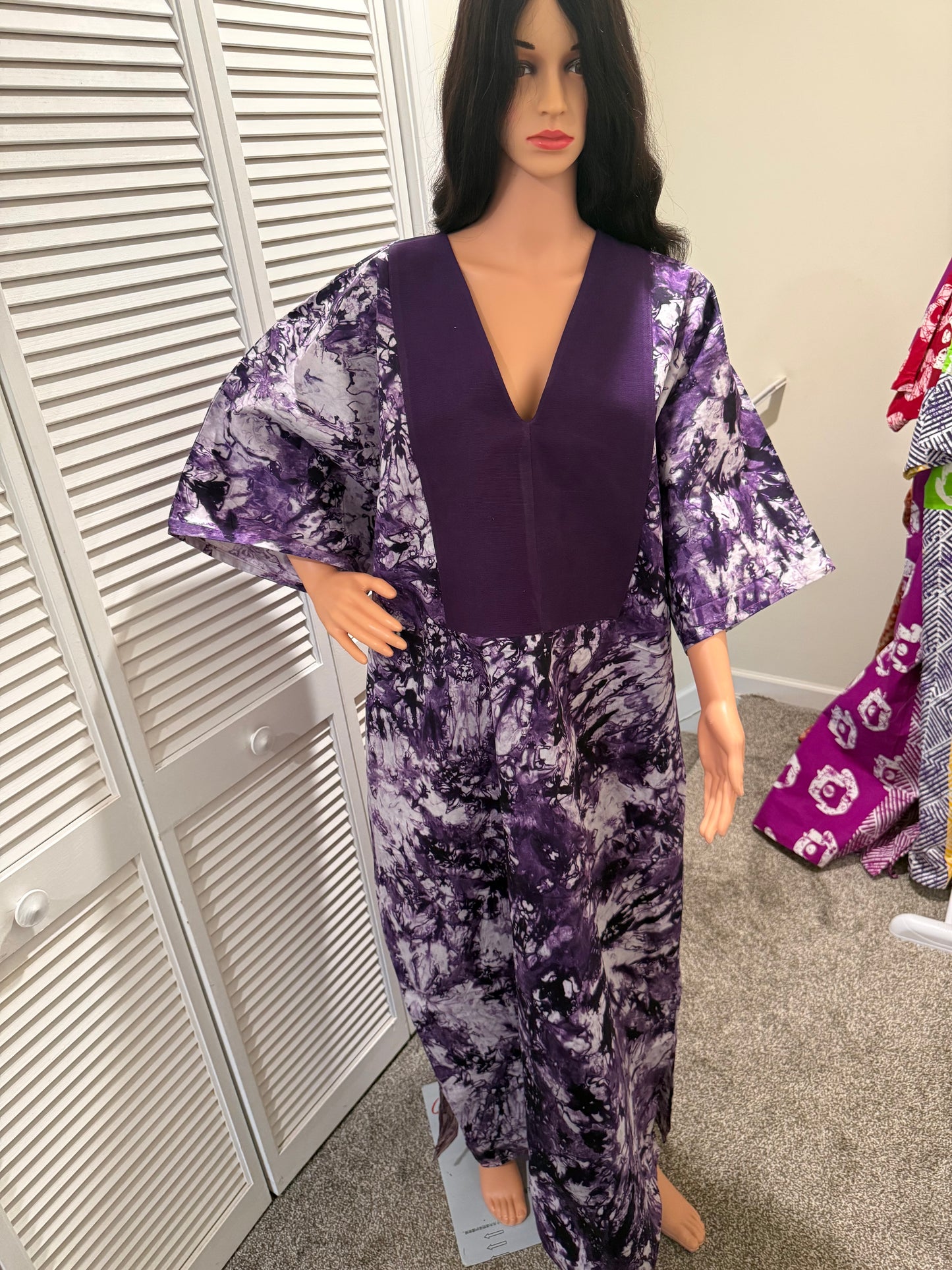 Purple Adire Kaftan with Asooke Neckline