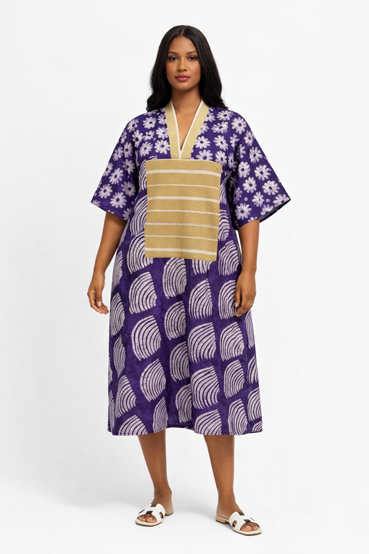 Purple Adire Midi Dress with Aso Oke Detail