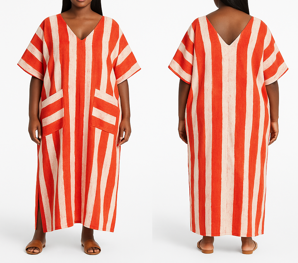 Striped Adire Kaftan – V-Neck Front & Back – Fits M to 4X