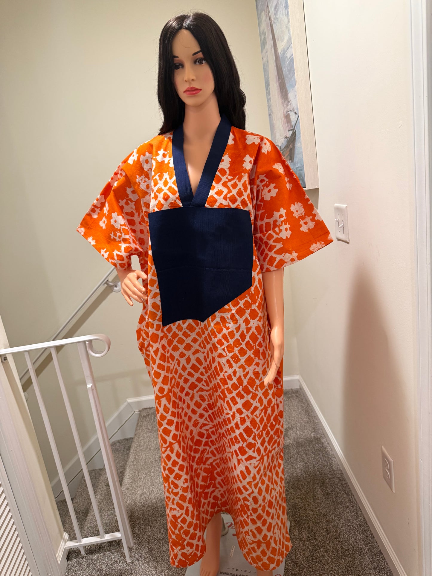 Adire Kaftan with Aso Oke Neckline