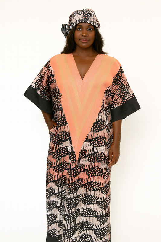 Peach Aso-Oke Trim Adire Kaftan + Matching Headscarf