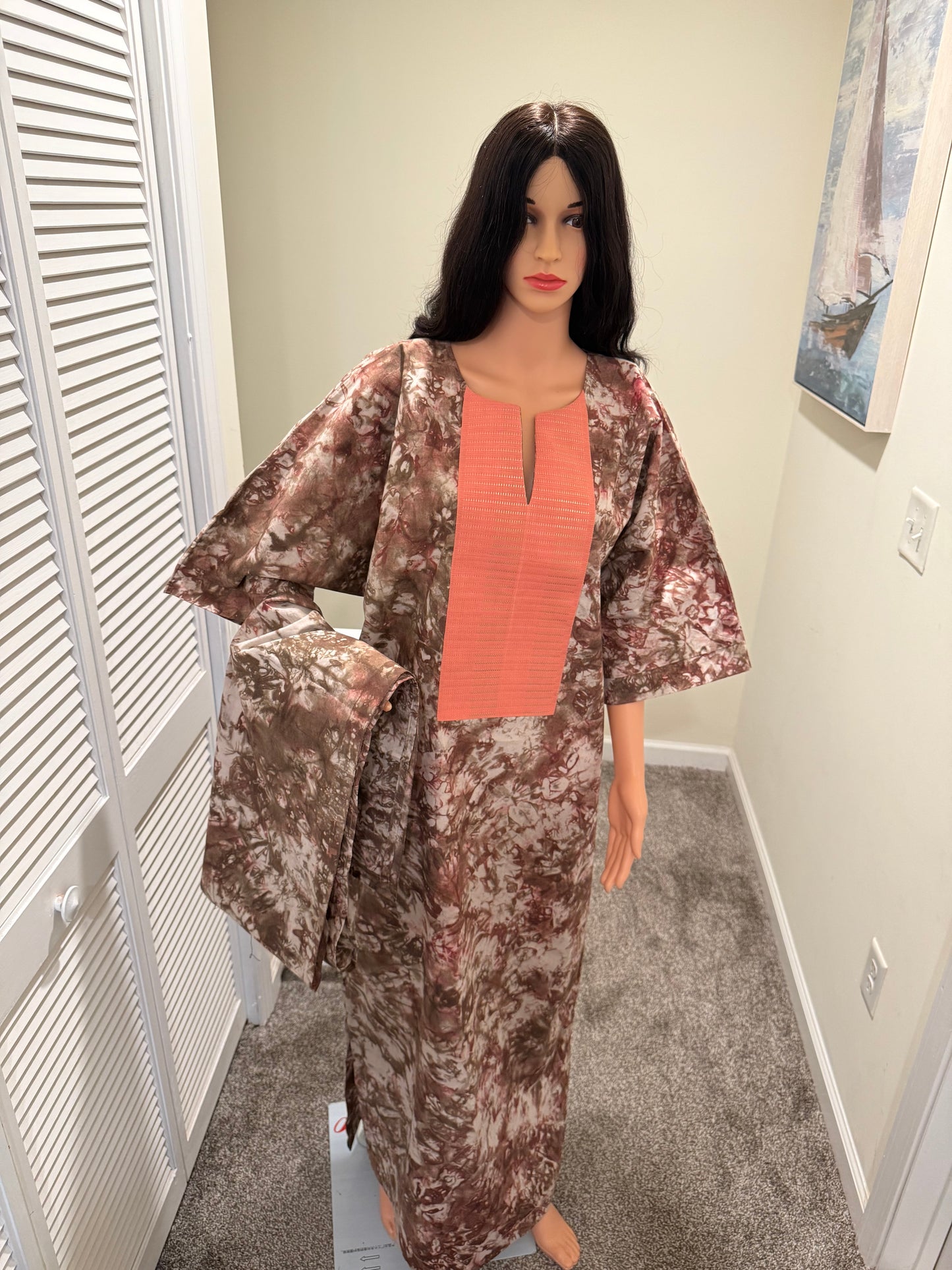 Adire Kaftan Dress with Head Scarf