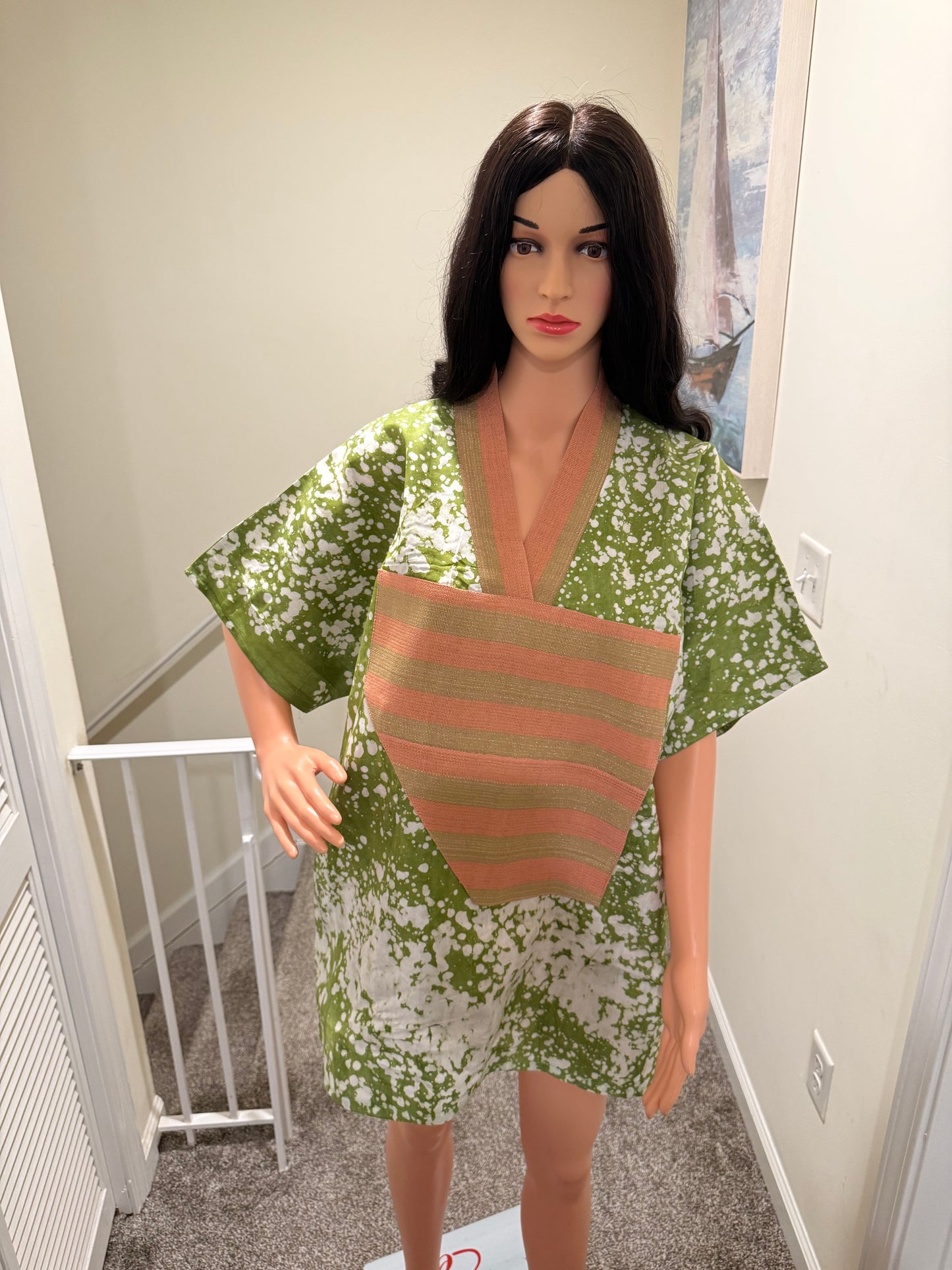 Green & White Adire Mini Kaftan with Àṣọ Òkè Neckline | Handmade African Dress | S–2X