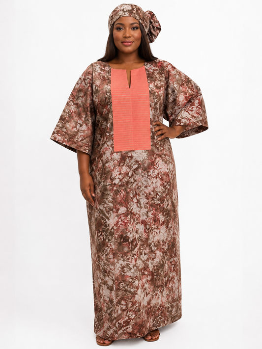 Adire Kaftan Dress with Head Scarf