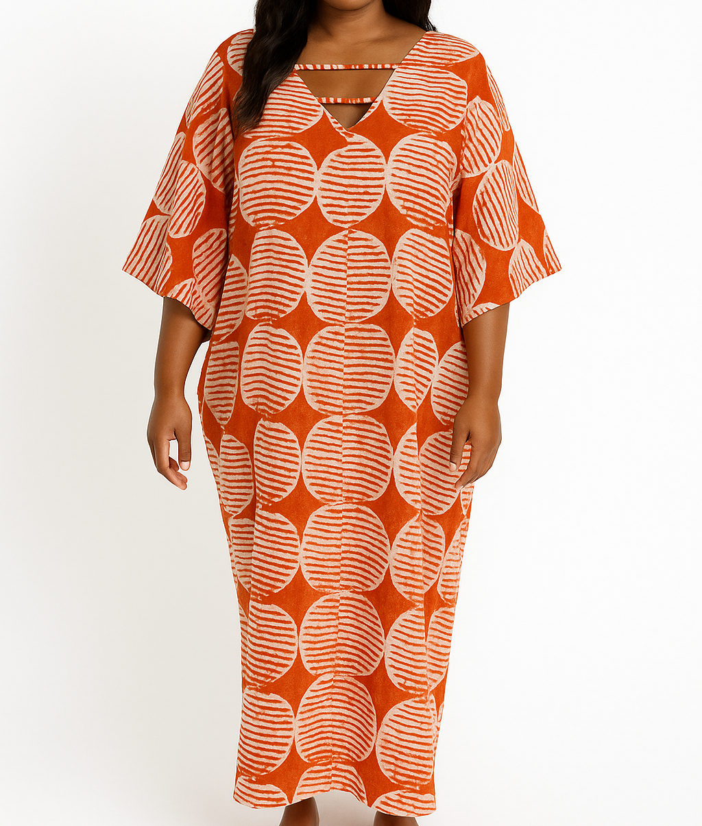 Bold Orange Circle Print Kaftan Dress – Relaxed Fit, V-Neck, Flowy Sleeves