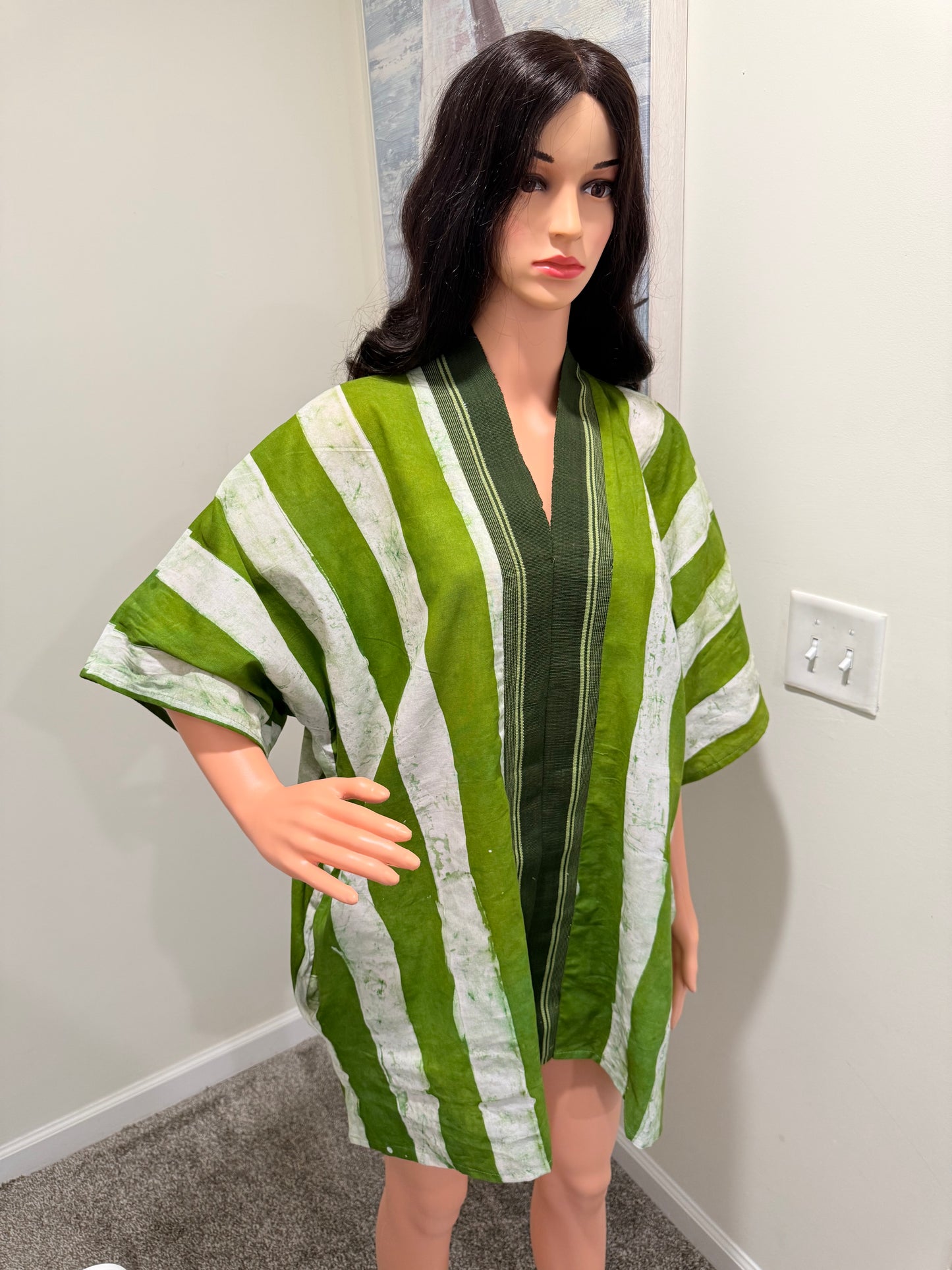 Green Striped Kimono Mini Dress – Hand Dyed Adire & Aso Oke