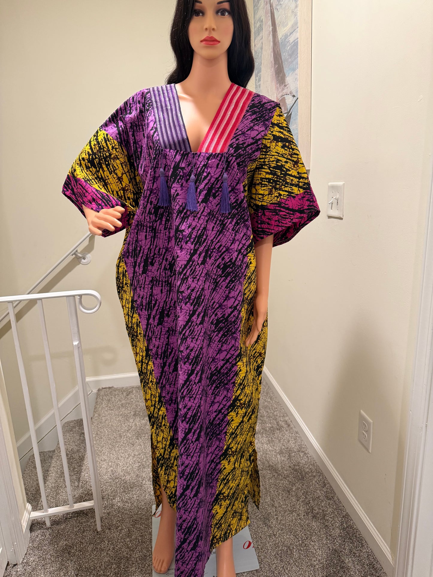 Aso-Oke Trim Ankara Kaftan + Matching Head Scarf