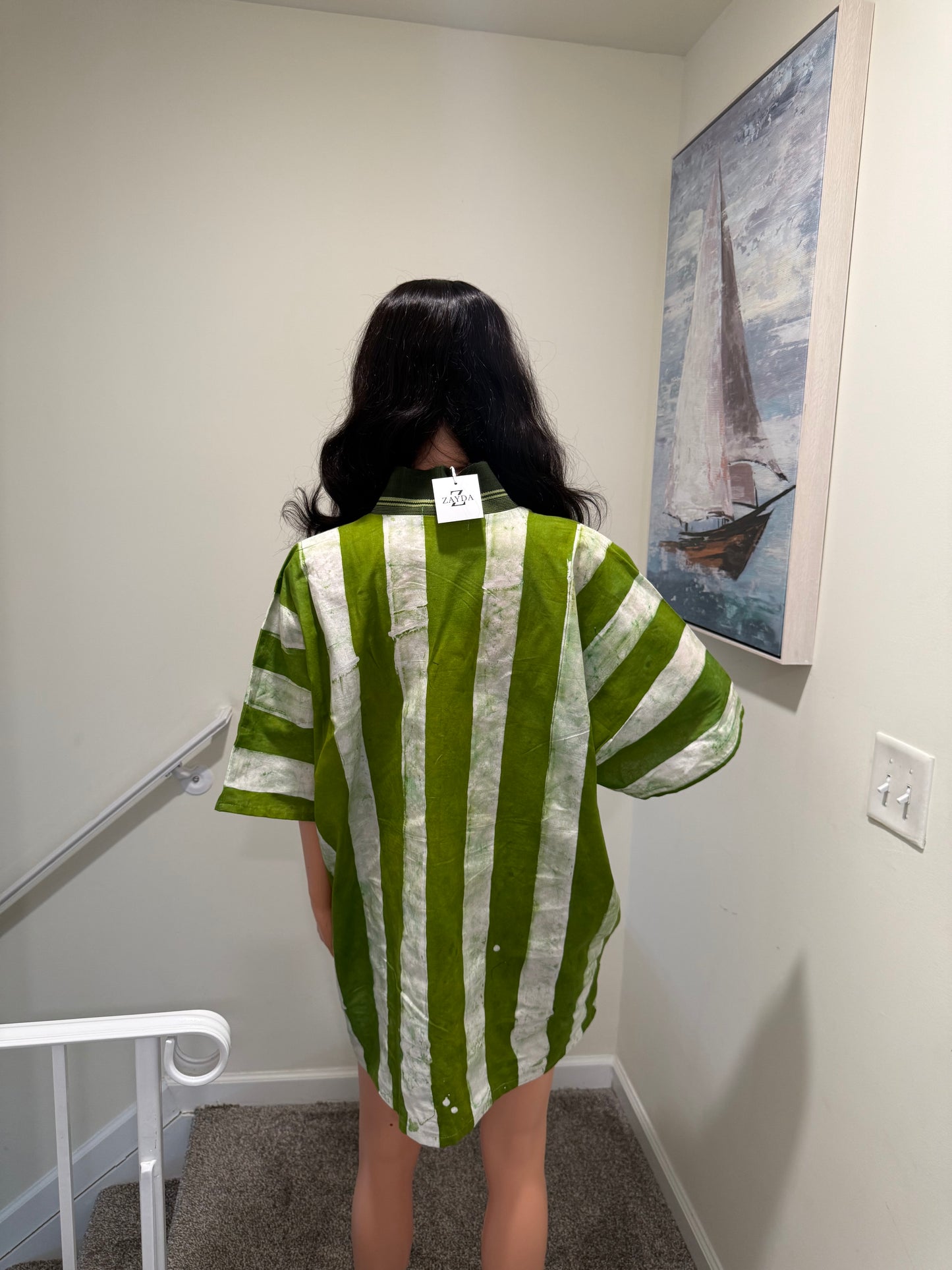 Green Striped Kimono Mini Dress – Hand Dyed Adire & Aso Oke