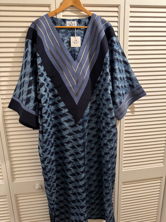 Aso-Oke Trim Adire Kaftan — 54” Length (Fits S–XL)