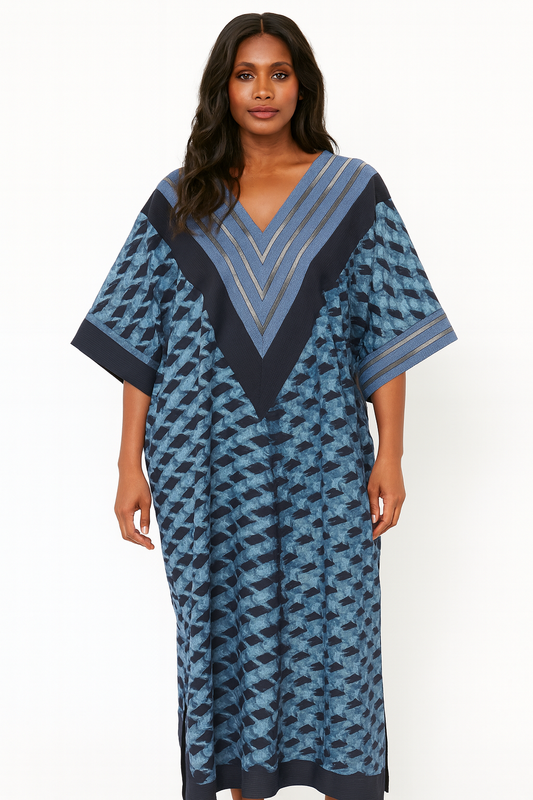 Aso-Oke Trim Adire Kaftan — 54” Length (Fits S–XL)