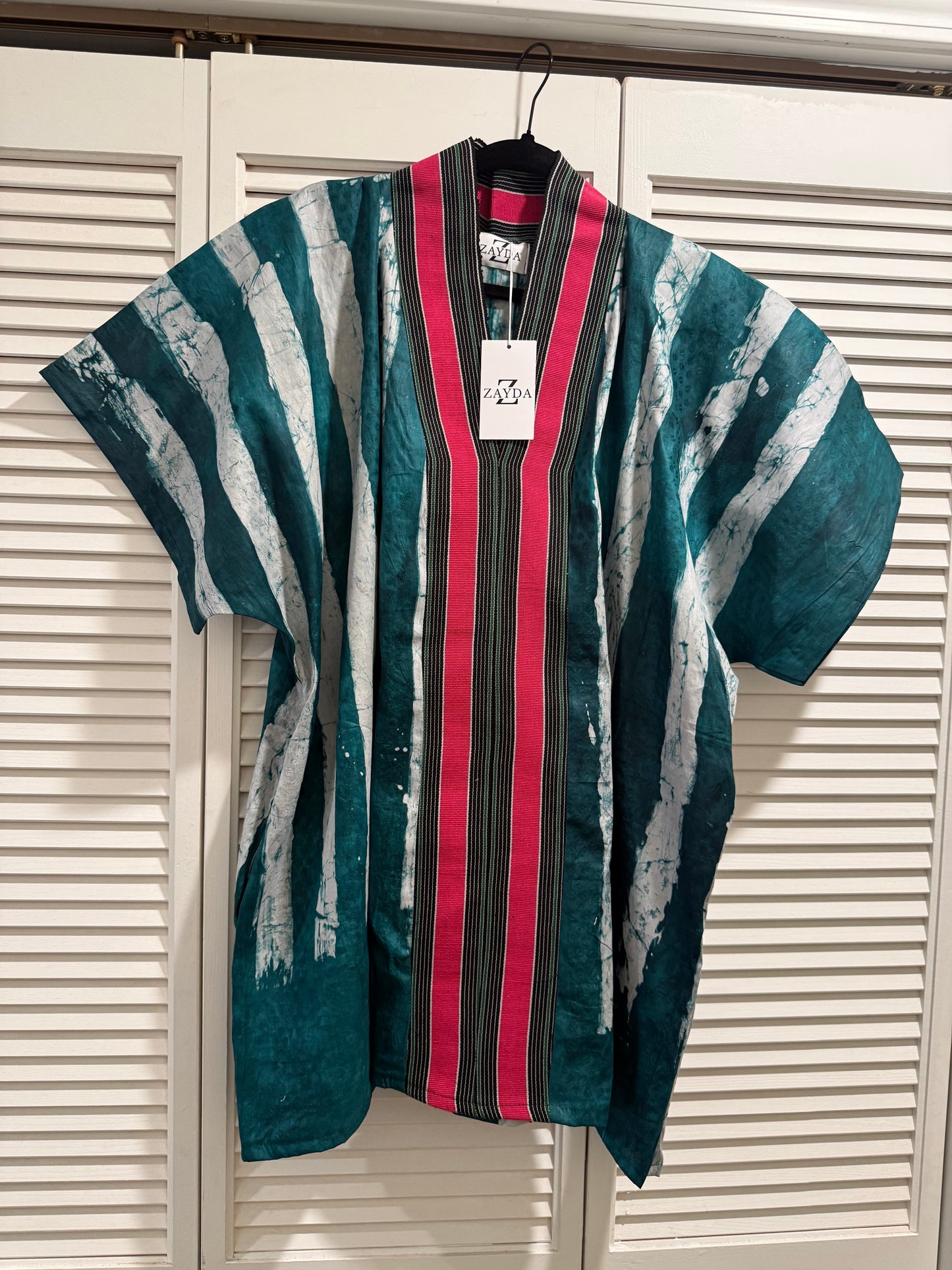 Adire Kaftan Mini Dress – Teal & Pink