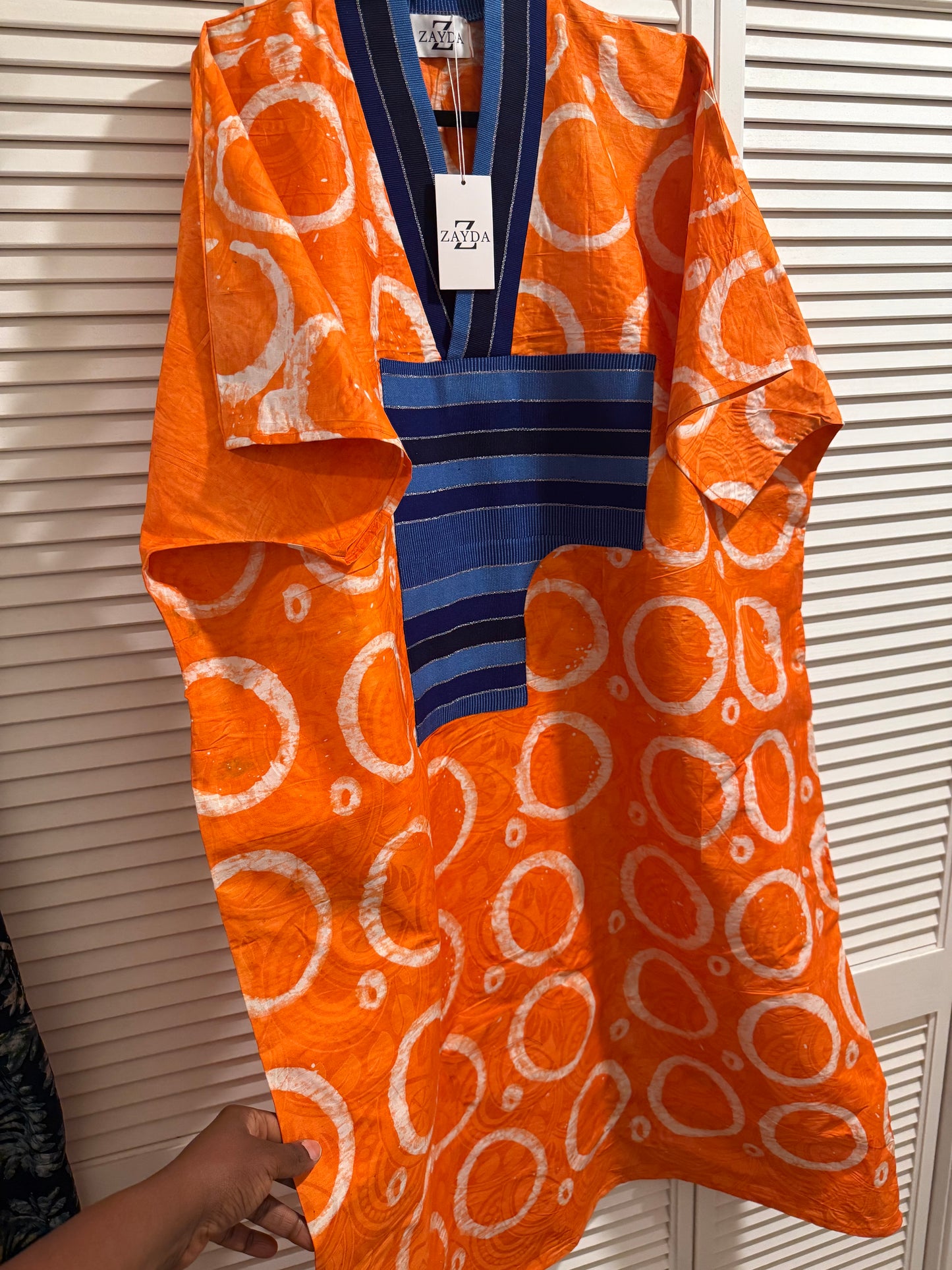 Orange Adire Bubu Dress with Aso Oke Detail