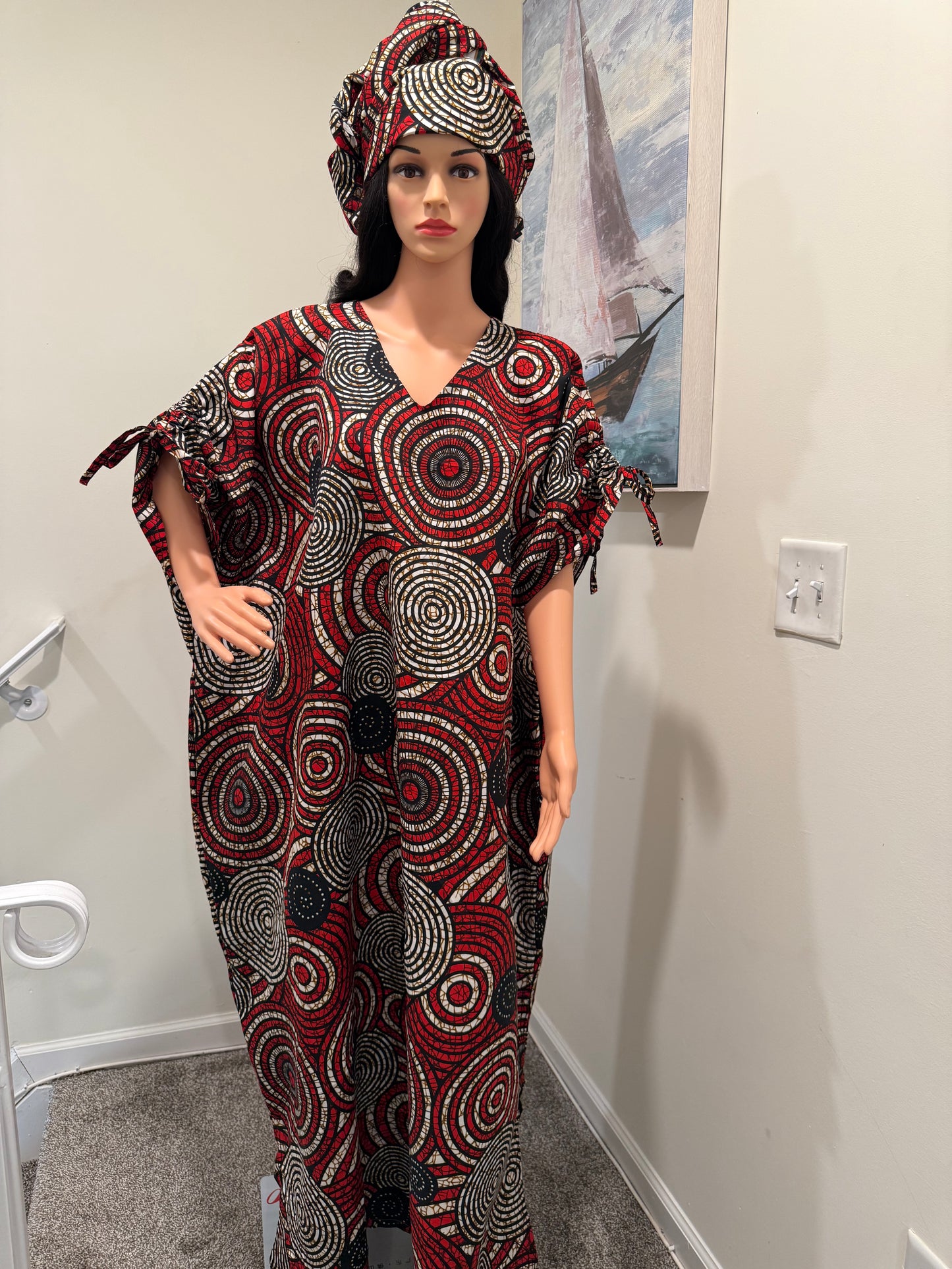 Swirl Print Kaftan with Head Tie