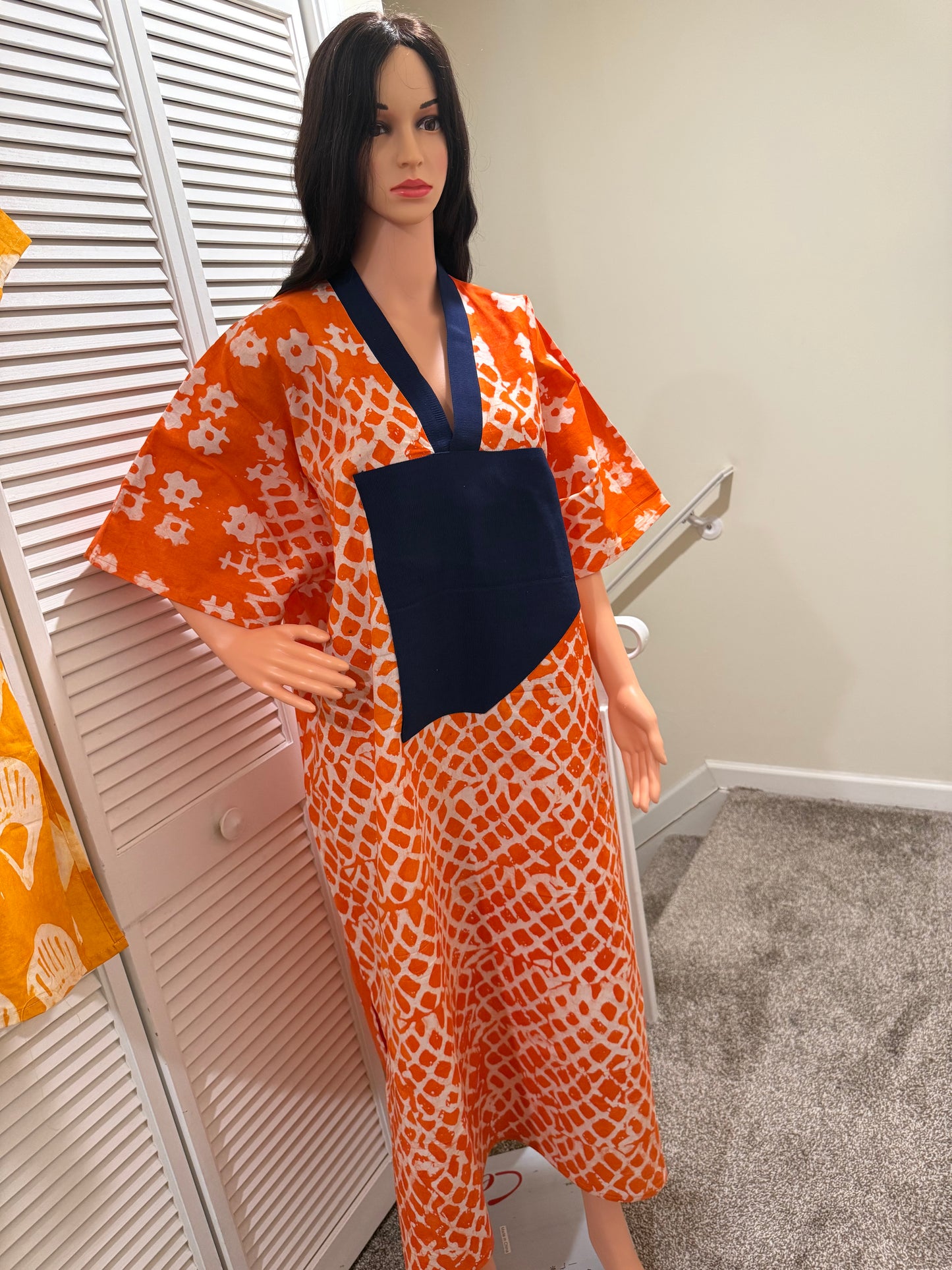 Adire Kaftan with Aso Oke Neckline