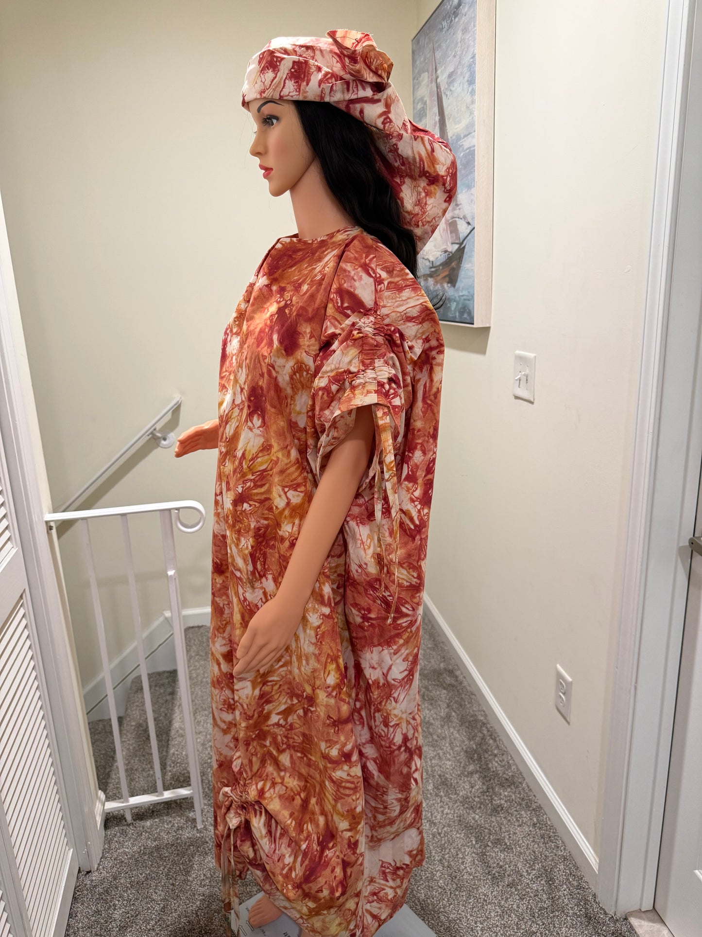 Burnt Orange Adire Kaftan Dress with Headscarf