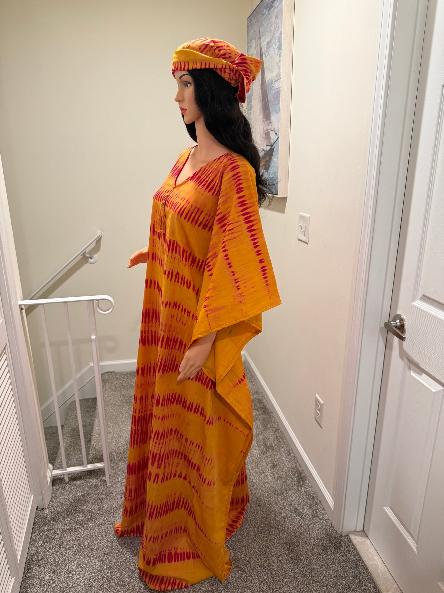 Sunset Adire Kaftan Set — Golden Flame | One Size Up To 2X