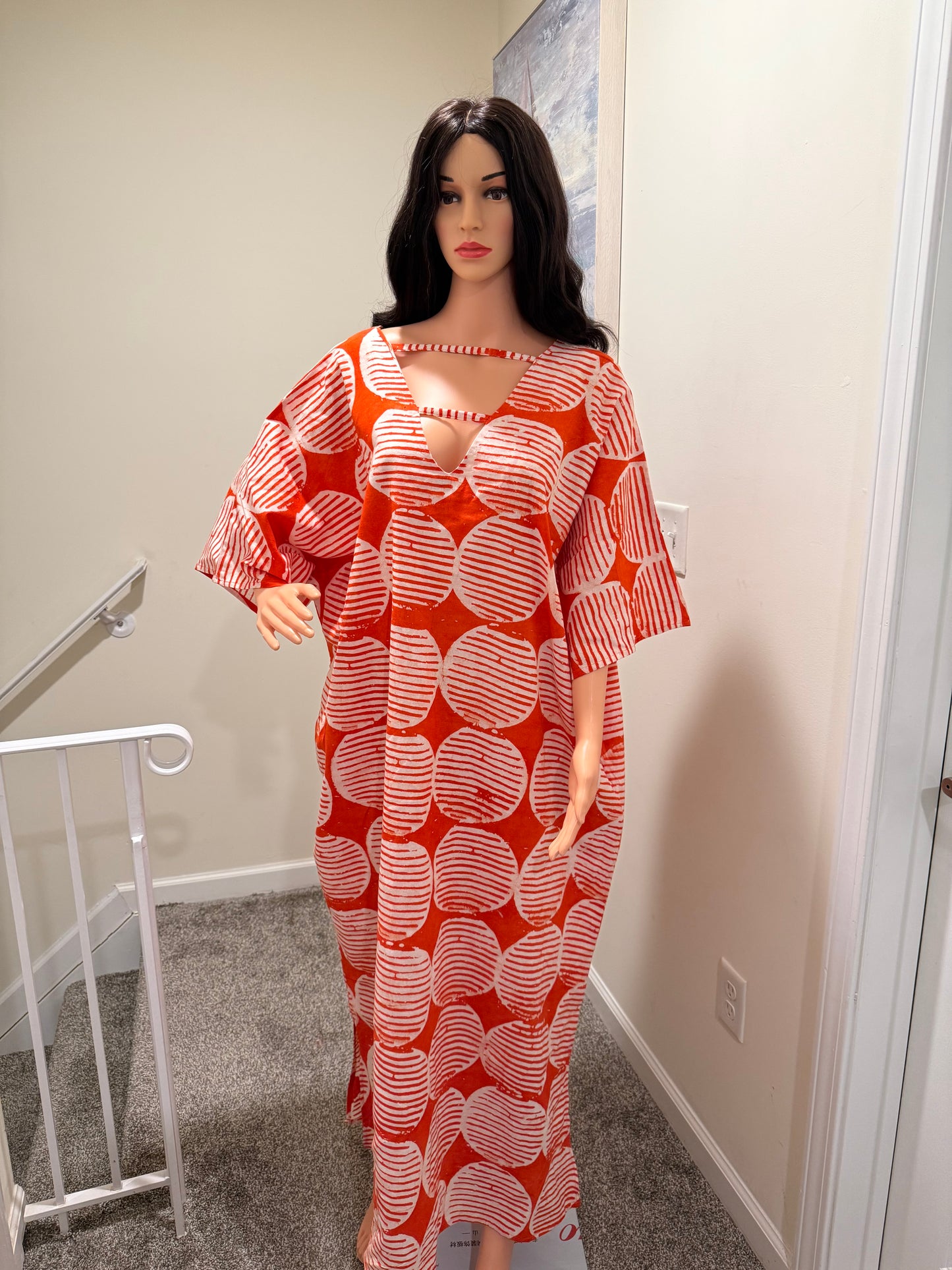 Bold Orange Circle Print Kaftan Dress – Relaxed Fit, V-Neck, Flowy Sleeves